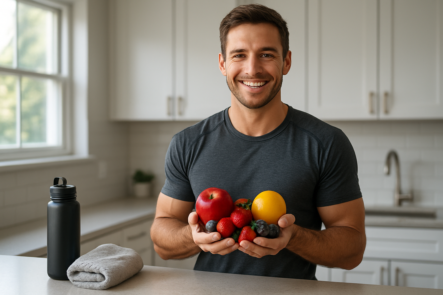Create a realistic image of a fit white male in athletic wear holding a variety of fresh fruits including apples, berries, and citrus fruits while standing in a modern kitchen with a gym water bottle and workout towel nearby, natural morning lighting streaming through a window, conveying an active healthy lifestyle focused on nutrition and fitness, absolutely NO text should be in the scene.