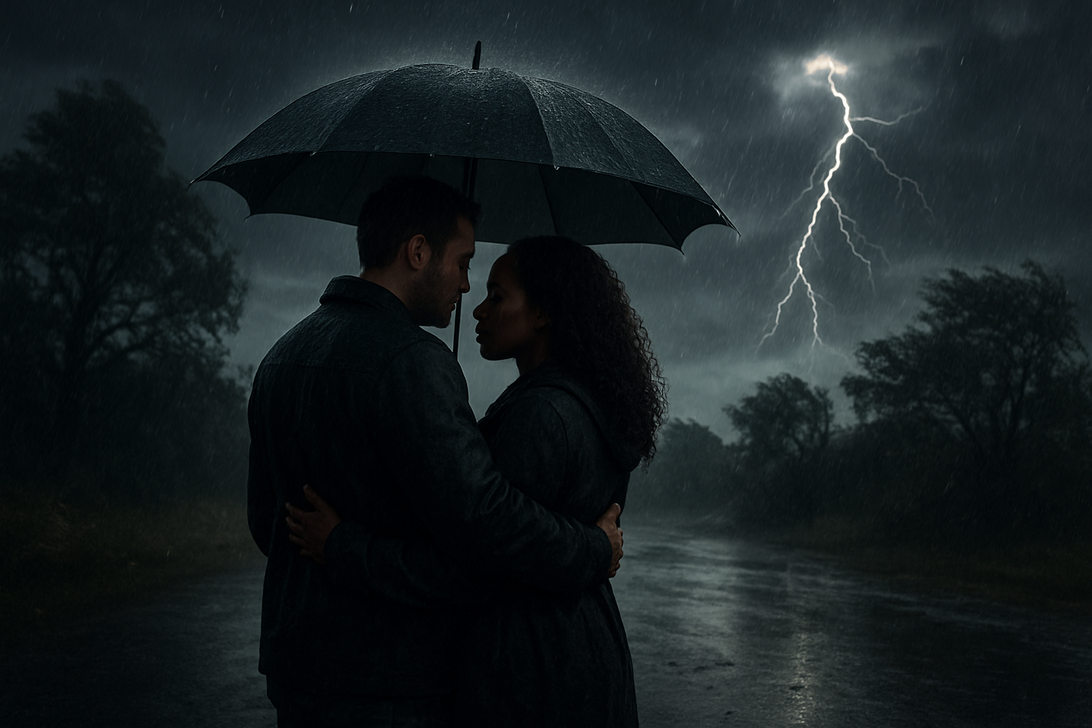 Create a realistic image of a couple standing together under a large umbrella during a heavy rainstorm, with dark storm clouds overhead and lightning in the distance, showing a white male and black female holding each other close while facing the turbulent weather, surrounded by wind-blown trees and puddles forming on the ground, conveying resilience and unity against life's challenges, with dramatic lighting from the stormy sky casting shadows around them, absolutely NO text should be in the scene.