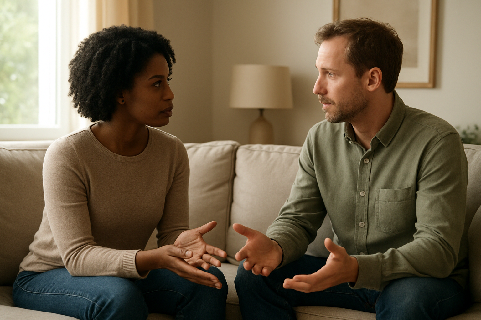 Create a realistic image of a diverse couple, one black female and one white male, sitting facing each other on a comfortable couch in a softly lit living room, engaged in calm conversation with open body language, gentle hand gestures, and understanding expressions on their faces, with warm natural lighting filtering through nearby windows creating a peaceful and respectful atmosphere, showing emotional connection and mature communication during what appears to be a serious but loving discussion, absolutely NO text should be in the scene.