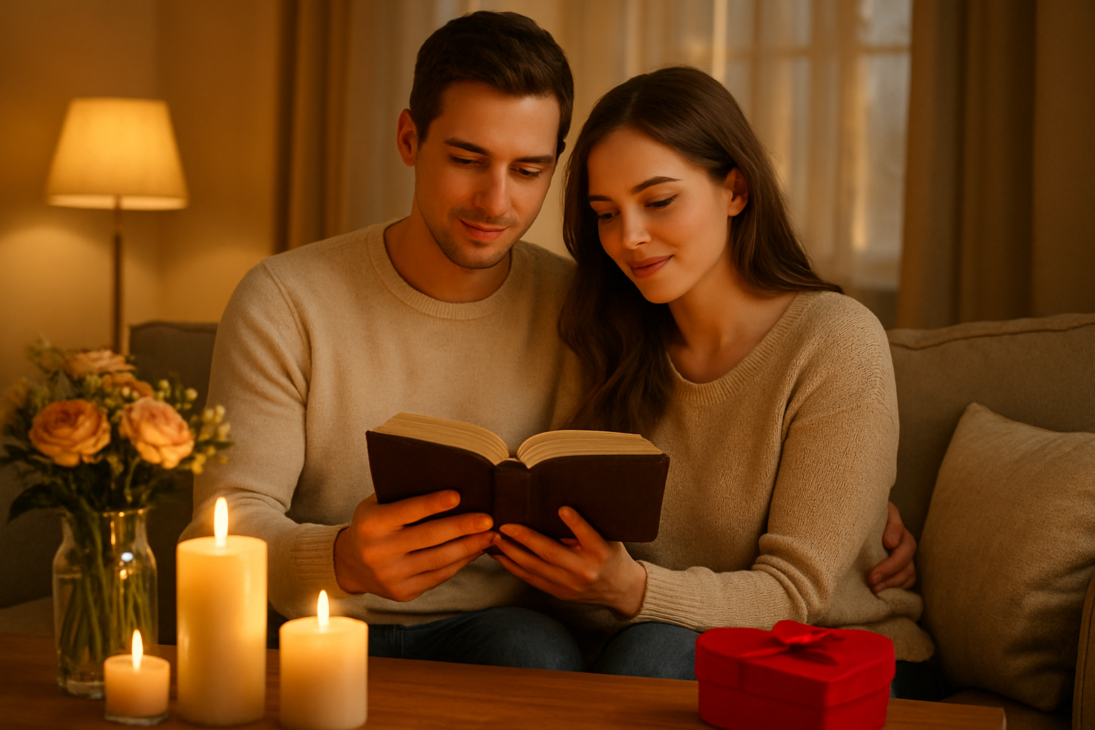 Create a realistic image of a young white couple sitting together on a cozy couch in a warmly lit living room, with the man gently holding a Bible while both look at it together, surrounded by soft candlelight, fresh flowers, and a small heart-shaped gift box on a nearby coffee table, creating an intimate and peaceful atmosphere that emphasizes faith and romance, with warm golden lighting filtering through nearby windows, absolutely NO text should be in the scene.