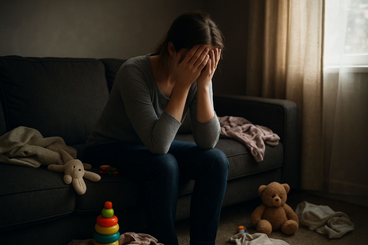 Create a realistic image of a young white female mother sitting alone on a couch in a dimly lit living room, looking overwhelmed and exhausted with her head in her hands, surrounded by scattered baby items like toys and blankets, soft natural lighting filtering through a window creating a melancholic atmosphere, capturing the raw emotional struggle of new motherhood, absolutely NO text should be in the scene.