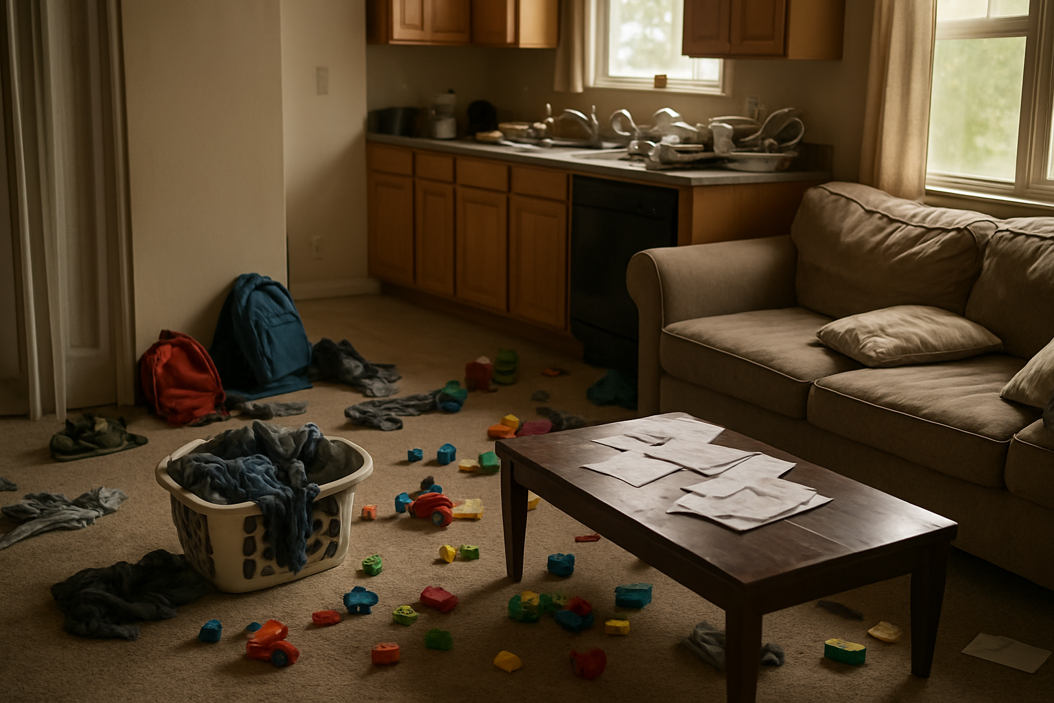 Create a realistic image of a chaotic household interior showing the immediate impact of a mother's absence, featuring scattered toys on the living room floor, unwashed dishes piled high in the kitchen sink visible in the background, rumpled couch cushions, a laundry basket overflowing with clothes, children's shoes and backpacks dropped by the entrance, papers and mail scattered on a coffee table, dim natural lighting coming through windows, creating a lived-in but disorganized domestic scene that conveys the essential role of mothers in maintaining household order, absolutely NO text should be in the scene.