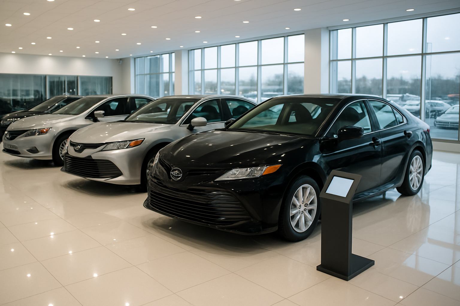 Create a realistic image of a modern car dealership showroom displaying multiple sedan vehicles including Toyota Camry models and competitor vehicles like Honda Accord and Nissan Altima, with sleek pricing display boards mounted near each car showing dollar amounts, professional automotive lighting illuminating the polished vehicle exteriors, clean white showroom floors with reflective surfaces, large windows in the background, and a sophisticated commercial atmosphere perfect for car comparison shopping, absolutely NO text should be in the scene.