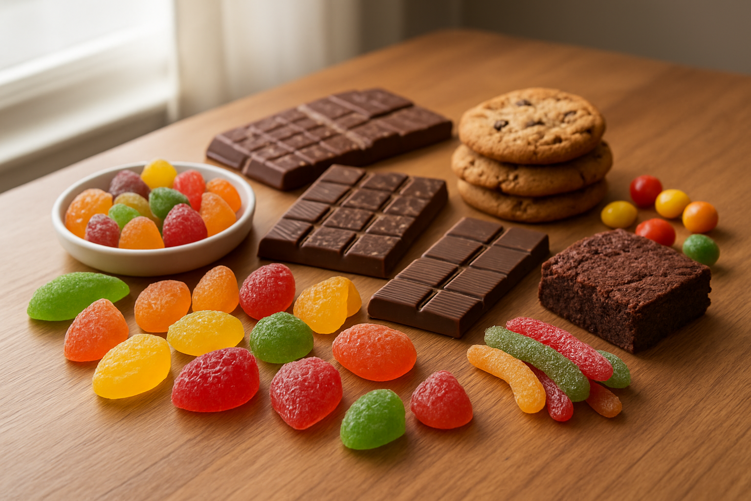 Create a realistic image of a colorful array of cannabis edibles including gummies in various fruit shapes and vibrant colors, chocolate bars with different textures, cookies, brownies, and candies artfully arranged on a modern wooden table, with soft natural lighting from a window creating gentle shadows, showcasing the diversity and appealing presentation of edible cannabis products in a clean, inviting setting that emphasizes variety and visual appeal, Absolutely NO text should be in the scene.