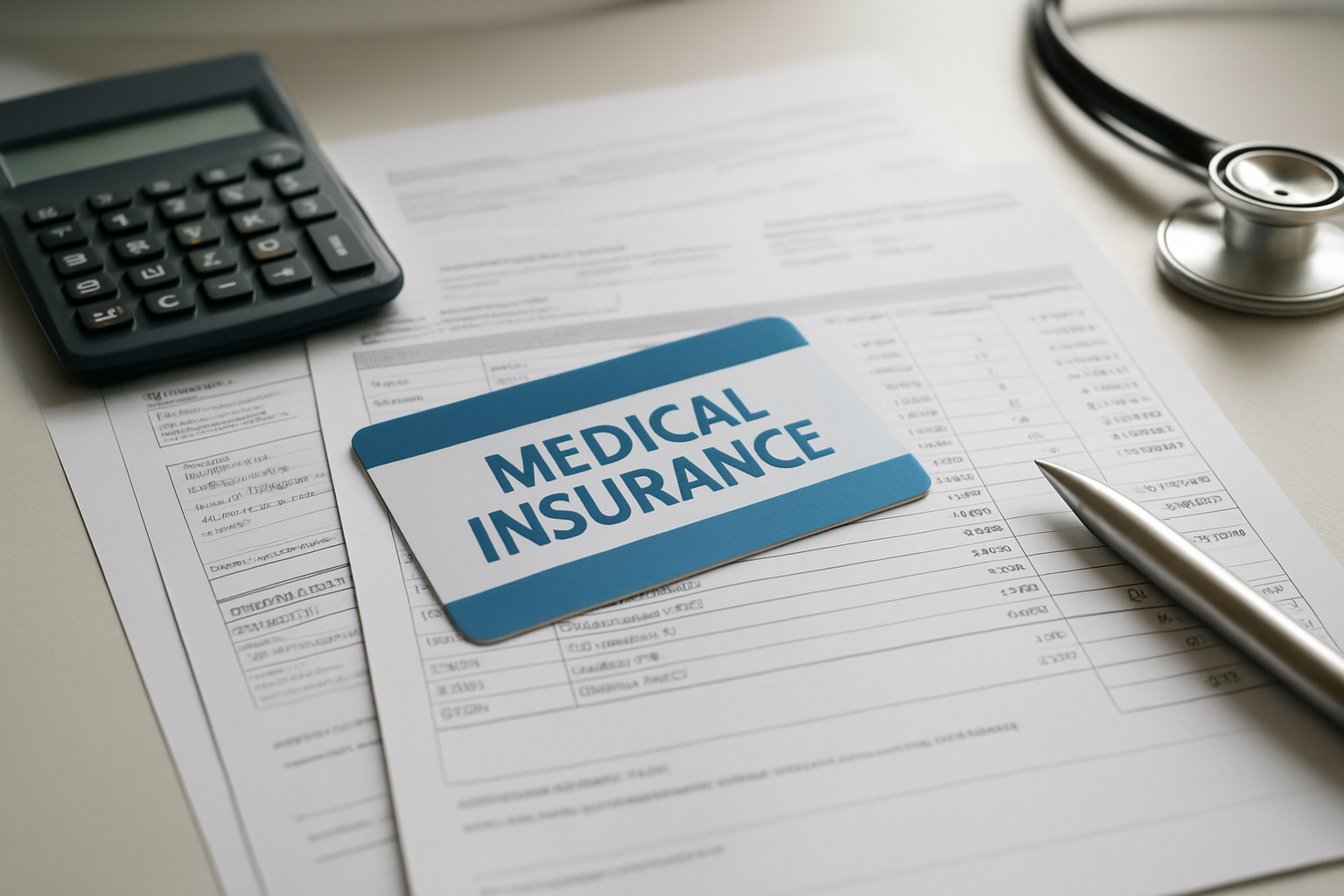 Create a realistic image of a close-up view of medical insurance documents and financial paperwork spread across a clean white desk, featuring insurance cards, hospital bills, calculator, pen, and a stethoscope partially visible in the corner, with soft natural lighting from a window creating gentle shadows, conveying a professional healthcare administrative atmosphere, absolutely NO text should be in the scene.