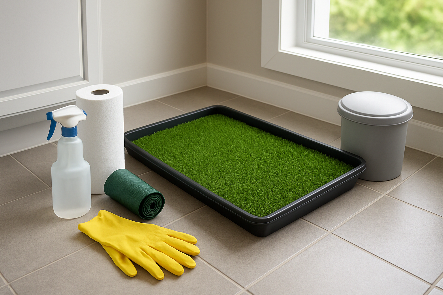 Create a realistic image of a well-maintained indoor dog potty area setup showing cleaning supplies including disinfectant spray bottle, paper towels, waste bags, and rubber gloves neatly arranged beside a clean artificial grass pad on a waterproof tray, with a small trash bin nearby, set in a clean laundry room or utility area with tile flooring, bright natural lighting from a window, conveying organization and cleanliness for long-term pet care success, absolutely NO text should be in the scene.