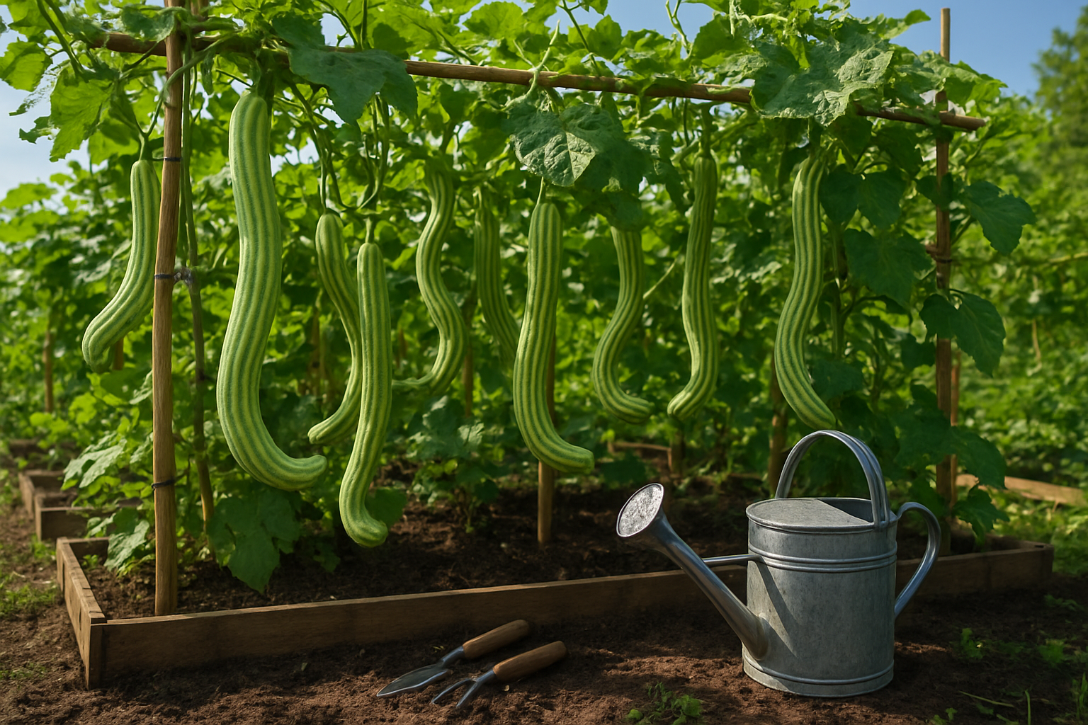Create a realistic image of a lush garden scene showing snake melon plants growing on wooden trellises with their characteristic long, curved, light green striped fruits hanging down, rich dark soil in raised garden beds, watering can and gardening tools nearby, bright natural sunlight filtering through, green foliage and healthy vines climbing the support structures, peaceful agricultural setting with clear blue sky in background, absolutely NO text should be in the scene.