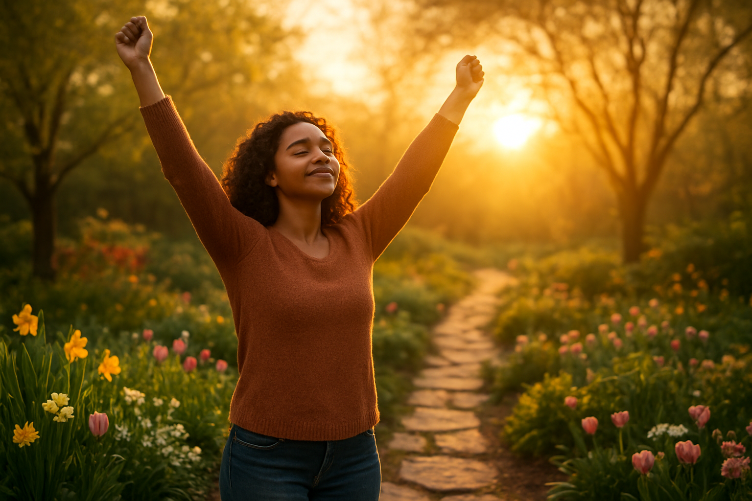 Create a realistic image of a person of mixed race, female, standing in a peaceful garden at sunrise with arms raised upward in a gesture of victory and hope, surrounded by blooming flowers and new spring growth, with golden sunlight streaming through trees in the background creating a warm and uplifting atmosphere that symbolizes triumph over darkness and new life, with a stone path leading toward the light suggesting a daily journey of faith. Absolutely NO text should be in the scene.