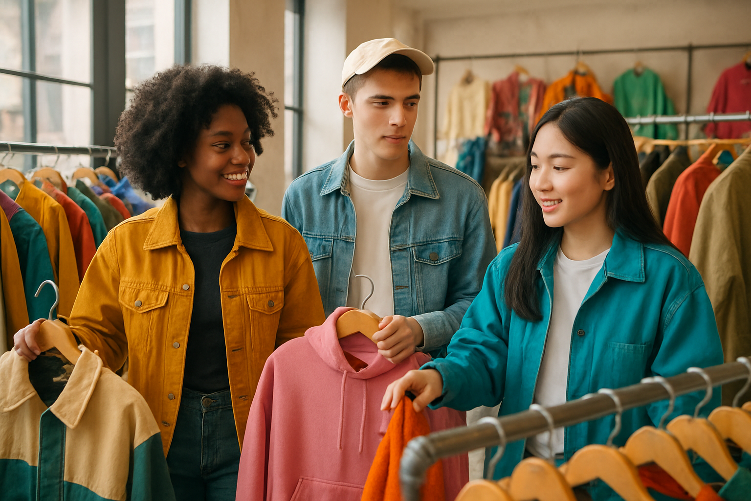 Create a realistic image of a diverse group of young Gen Z individuals including a black female, white male, and Asian female browsing through trendy clothing racks in a modern fashion boutique, with colorful streetwear, oversized jackets, and vintage-inspired pieces displayed on hangers, soft natural lighting streaming through large windows, creating an energetic and inspiring shopping atmosphere that captures the essence of discovering and following contemporary fashion trends, absolutely NO text should be in the scene.