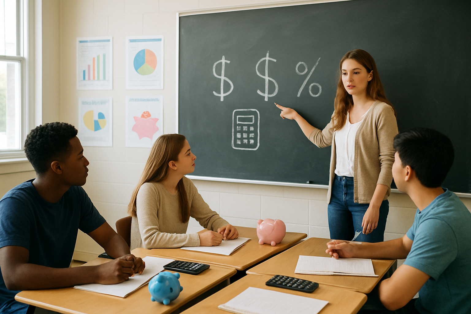 Create a realistic image of a diverse classroom scene with a young white female teacher at a blackboard pointing to financial symbols like dollar signs, percentage symbols, and calculator icons drawn in chalk, while a mixed group of high school students including black male, white female, and Asian male students sit at desks with open notebooks, calculators, and piggy banks on their desks, with educational posters about budgeting and saving visible on the classroom walls, bright natural lighting from windows, focused and engaged learning atmosphere, absolutely NO text should be in the scene.