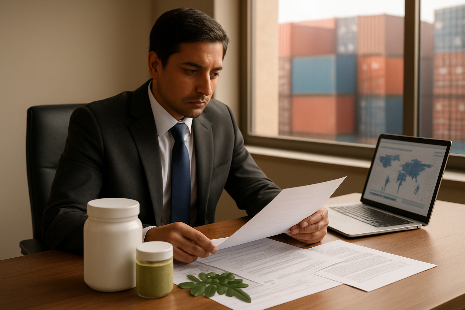 Create a realistic image of a professional South Asian male importer in a business suit sitting at a modern office desk reviewing shipping documents and customs paperwork, with moringa powder containers and leaf samples on the desk, a laptop displaying logistics data, shipping containers visible through the office window in the background, warm natural lighting creating a focused problem-solving atmosphere, absolutely NO text should be in the scene.