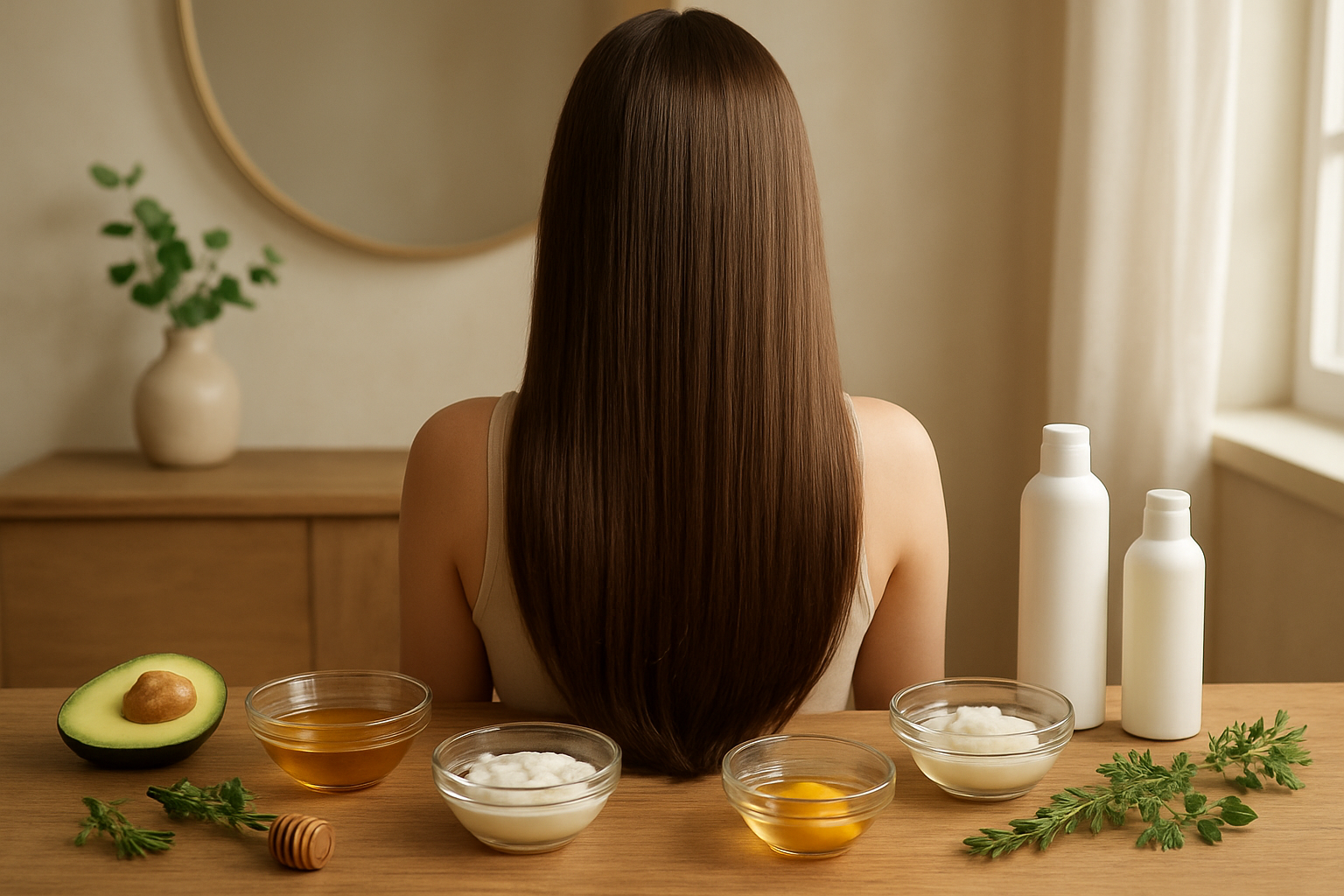 Create a realistic image of a white female with long, healthy, glossy hair viewed from behind, sitting at a modern bathroom vanity with several glass bowls containing natural hair mask ingredients like avocado, honey, coconut oil, and eggs, alongside professional hair mask product bottles, with soft natural lighting streaming through a window creating a serene spa-like atmosphere, wooden countertop with fresh herbs and organic ingredients scattered around, emphasizing the transformation journey from damaged to beautiful shiny hair, warm and peaceful mood, absolutely NO text should be in the scene.