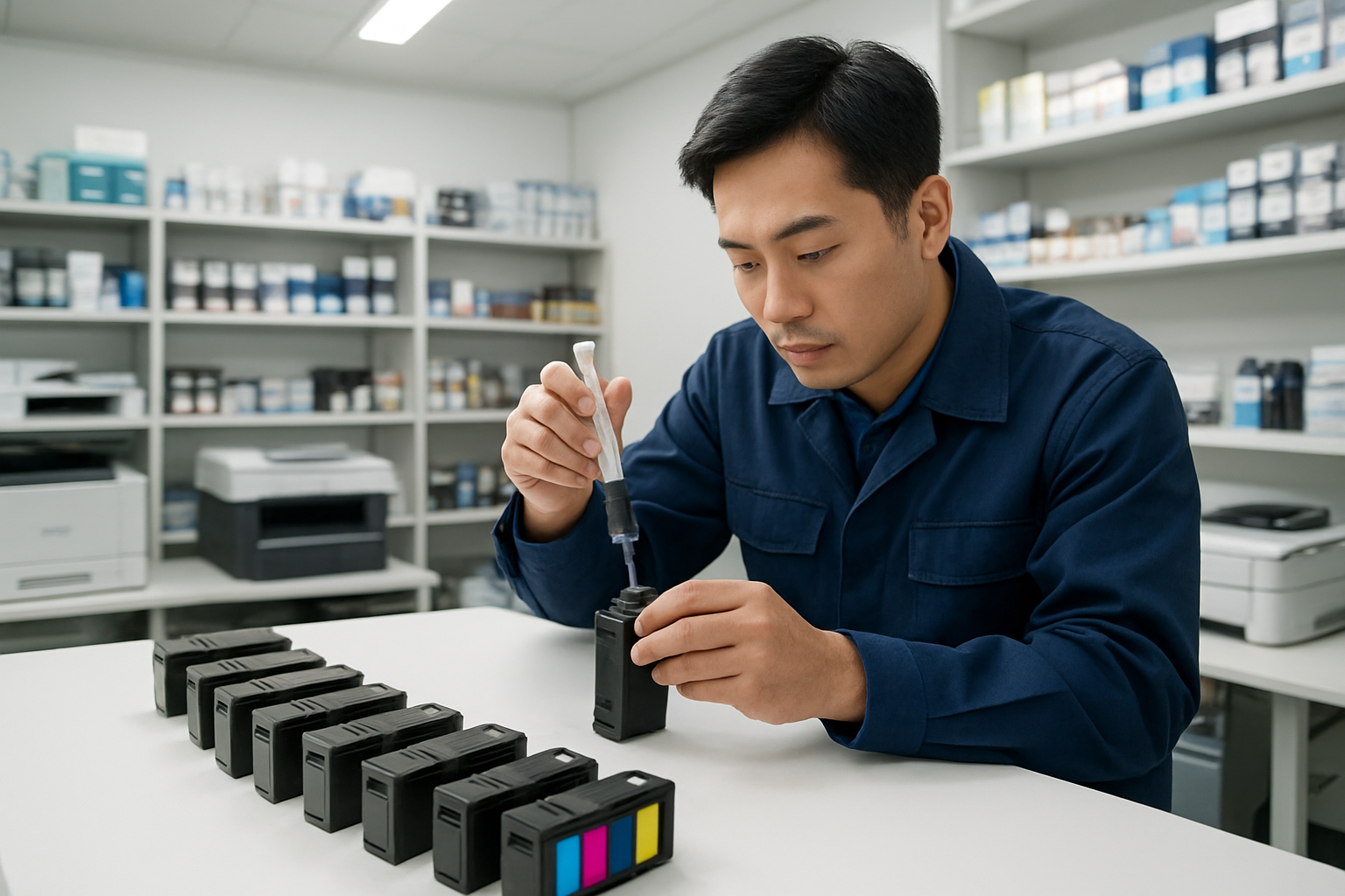 Create a realistic image of a modern printer service shop interior with multiple=