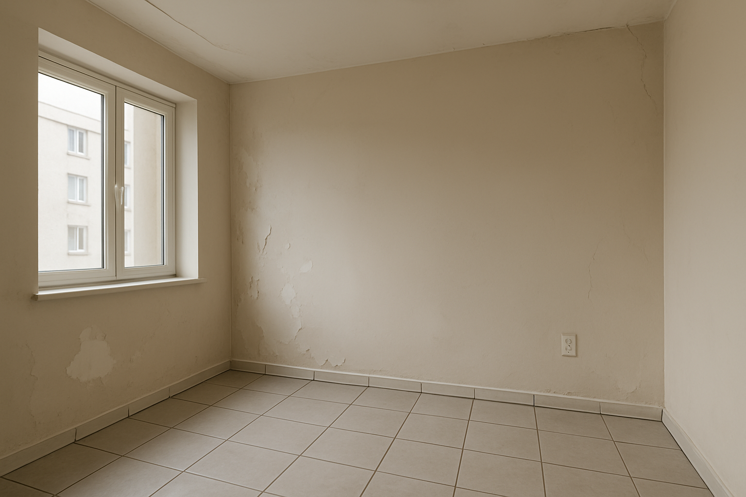 Create a realistic image of a modern apartment interior showing multiple visible finishing defects including peeling paint on walls, uneven floor tiles with gaps between them, poorly installed baseboards with visible gaps, crooked light switch plates, and damaged ceiling corners with visible cracks, shot in natural daylight coming through a window creating soft shadows that highlight the imperfections, with a clean but flawed aesthetic that demonstrates poor workmanship in an otherwise upscale residential setting, absolutely NO text should be in the scene.