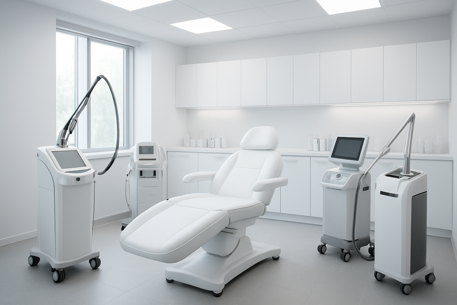 Create a realistic image of a modern dermatology clinic interior showing advanced medical equipment including laser devices, dermascopy machines, and high-tech skincare treatment tools arranged in a clean, professional treatment room with bright LED lighting, sterile white surfaces, comfortable patient chair, medical cabinets with skincare products, and large windows providing natural light, conveying a sense of cutting-edge medical innovation and transformative skin health care. Absolutely NO text should be in the scene.