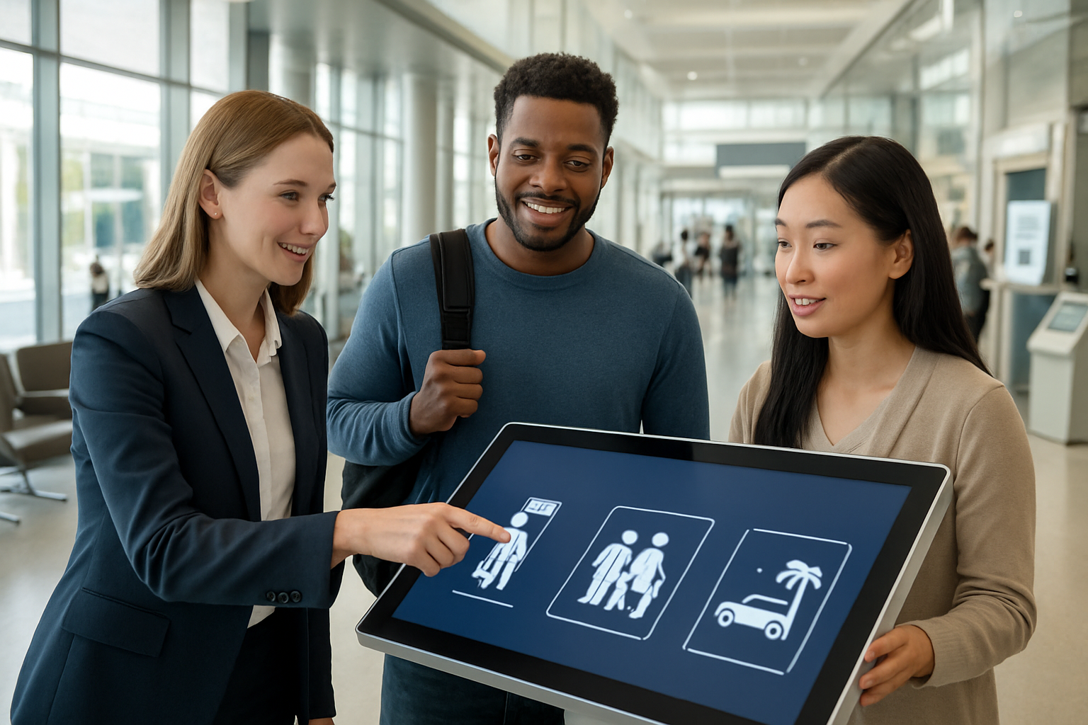Create a realistic image of a diverse group of people including a white female professional, a black male student, and an Asian female family member standing around a modern interactive digital display showing various car ride plan options with icons representing different lifestyles like work commuting, family trips, and leisure activities, set in a bright contemporary transportation hub or service center with clean modern architecture, natural lighting streaming through large windows, and people actively pointing and discussing the different plan choices displayed on the screen, creating an atmosphere of informed decision-making and consultation, with comfortable seating areas and informational kiosks visible in the background. Absolutely NO text should be in the scene.