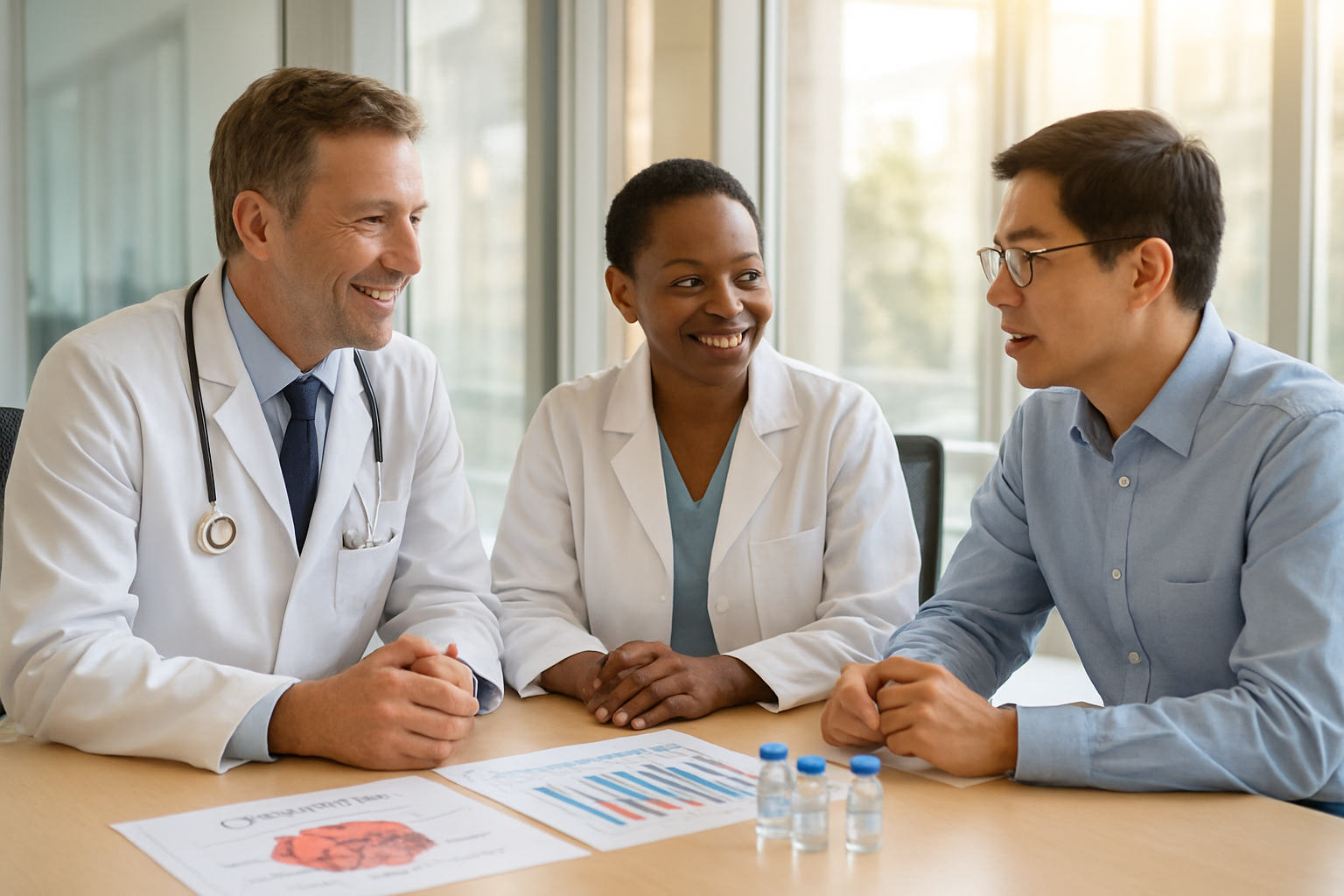 Create a realistic image of diverse medical experts including a white male doctor in a lab coat, a black female oncologist, and an Asian male researcher gathered around a modern conference table in a bright, professional medical facility, with cancer research charts and vaccine vials visible on the table, warm natural lighting from large windows, conveying hope and scientific collaboration, absolutely NO text should be in the scene.