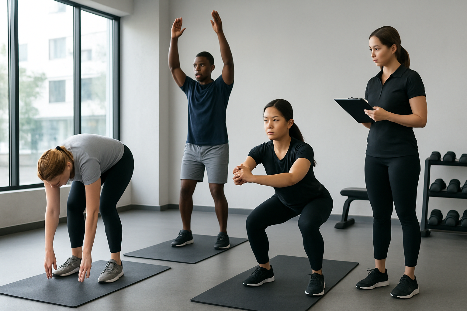 Create a realistic image of a diverse group of people in a modern fitness assessment room performing basic movement tests, including a white female doing a forward bend flexibility test, a black male performing a shoulder mobility check with arms raised, and an Asian female doing a squat assessment, with a professional trainer observing with a clipboard, clean gym environment with assessment mats on the floor, natural lighting from large windows, focused and professional atmosphere, Absolutely NO text should be in the scene.