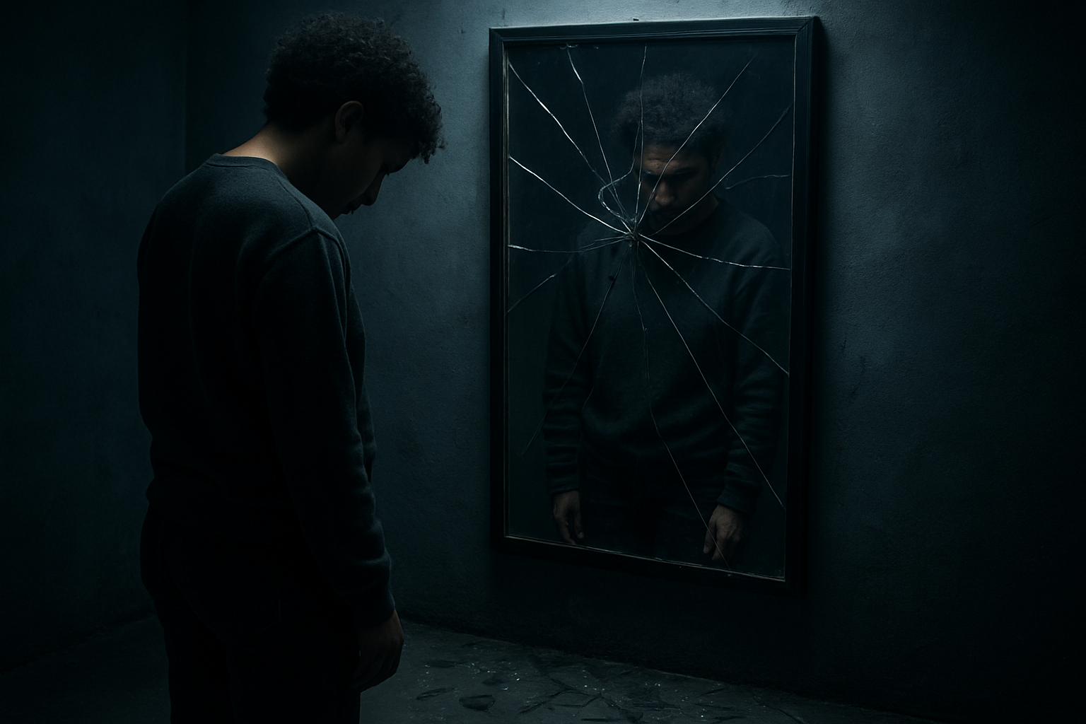 Create a realistic image of a person of mixed race gender-neutral standing in front of a cracked mirror, with their reflection appearing distorted and fragmented, surrounded by dark shadows and harsh overhead lighting that creates deep contrasts, while broken glass pieces lie scattered on the ground around them, conveying feelings of self-doubt and inner turmoil through body language with hunched shoulders and downward gaze, set in a dimly lit room with cold blue-gray tones dominating the atmosphere, absolutely NO text should be in the scene.