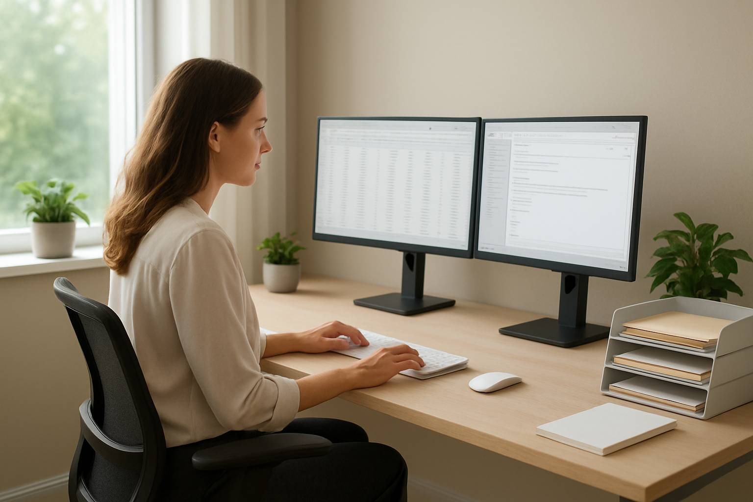 Create a realistic image of a modern home office setup showing a white female professional working at a clean desk with dual computer monitors displaying spreadsheet data and email interfaces, a wireless keyboard and mouse, organized filing system, a comfortable ergonomic chair, natural lighting from a nearby window, potted plants, and a calm, productive atmosphere that conveys remote data entry and virtual assistant work, absolutely NO text should be in the scene.