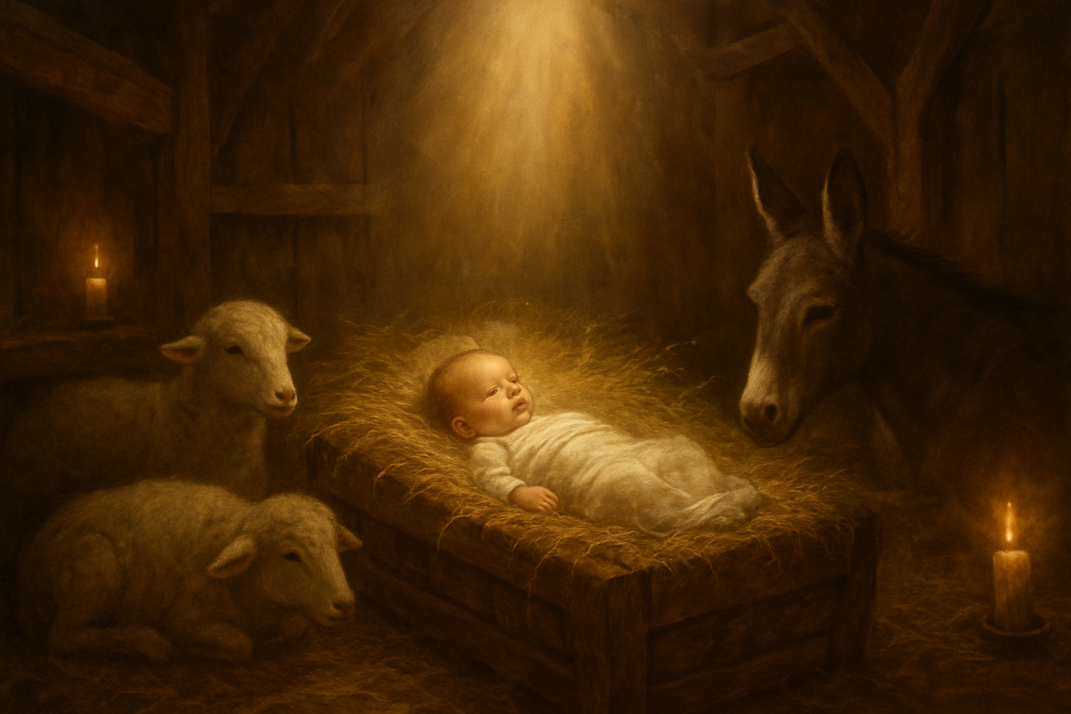 Create a realistic image of a serene nativity scene showing the baby Jesus lying in a manger filled with hay, with soft golden light radiating from above illuminating the peaceful infant, surrounded by wooden stable walls with rustic beams, gentle shadows cast by flickering candlelight, a few farm animals including sheep and a donkey quietly resting nearby, creating a warm and sacred atmosphere that conveys the divine mystery of God becoming human, with the overall mood being reverent and contemplative. Absolutely NO text should be in the scene.