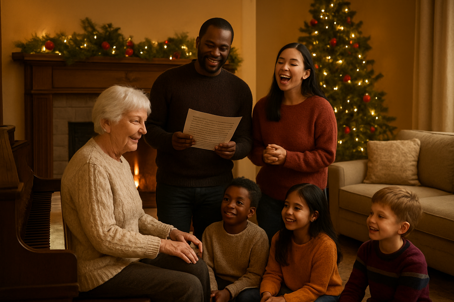 Create a realistic image of a diverse group of people from different cultural backgrounds gathered together in a warm, cozy living room setting, with a white elderly woman playing piano, a black male holding sheet music, an Asian female singing, and children of various ethnicities sitting on the floor listening attentively, with soft golden lighting from a fireplace creating a welcoming atmosphere, decorated with subtle Christmas elements like garland and ornaments, capturing the communal and cross-cultural spirit of Christmas carol traditions, with warm expressions of joy and connection on everyone's faces, absolutely NO text should be in the scene.