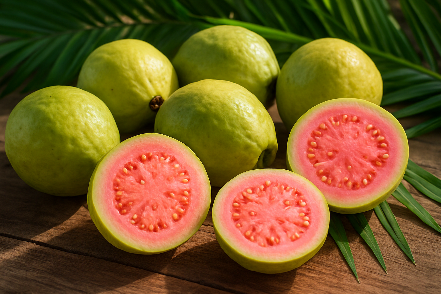 Create a realistic image of fresh, ripe guavas displayed as tropical superfruits with whole guavas showing their green-yellow skin alongside halved guavas revealing pink flesh and small seeds, arranged on a natural wooden surface with tropical leaves like palm fronds in the background, bright natural lighting highlighting the vibrant colors and textures of the fruits, creating a fresh and appetizing tropical atmosphere that emphasizes their superfruit qualities, absolutely NO text should be in the scene.
