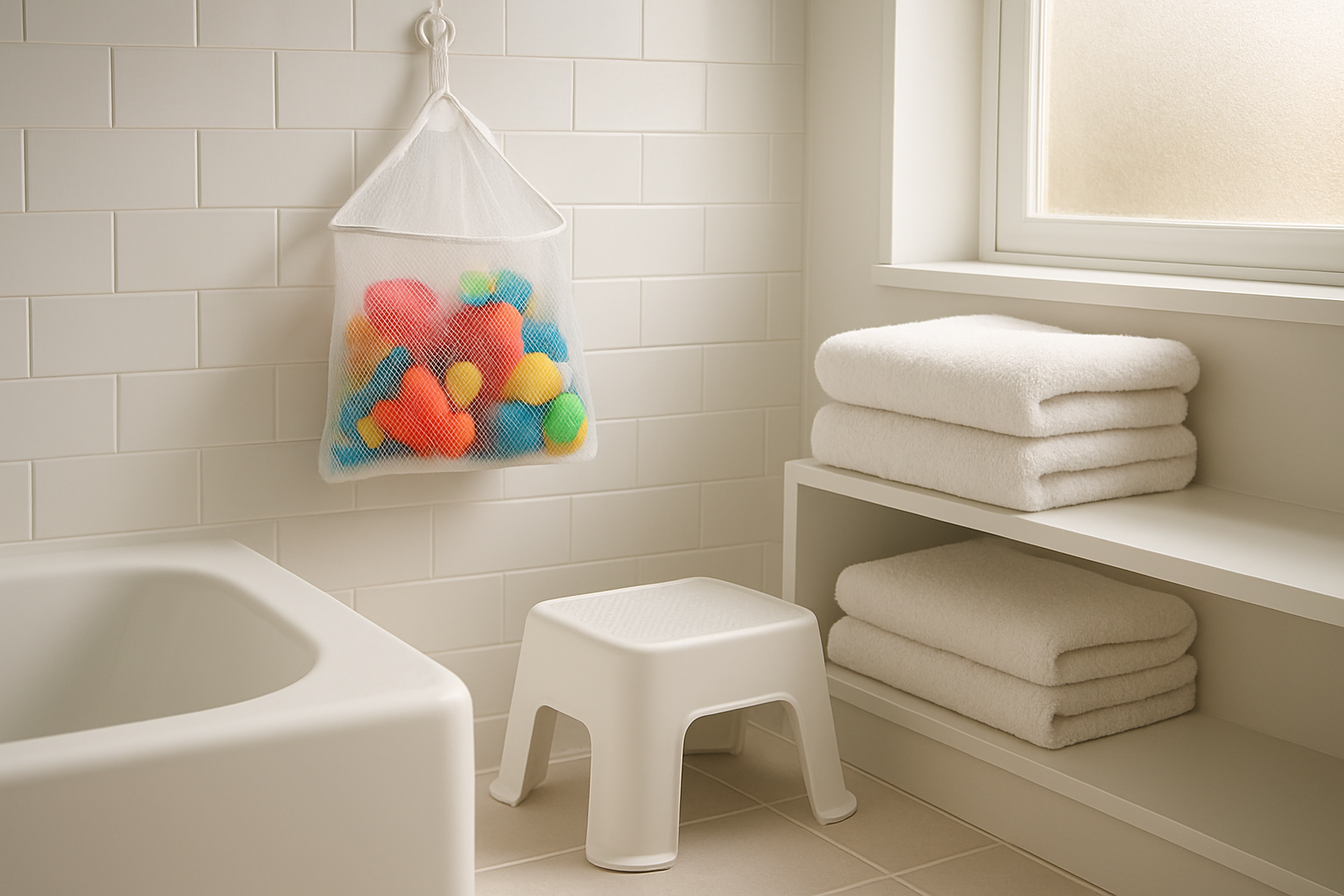 Create a realistic image of a bright, clean bathroom scene showing three organized bath time solutions: colorful bath toys neatly arranged in a mesh storage bag hanging on the wall, a step stool positioned safely beside the bathtub, and soft fluffy towels folded on a nearby shelf, with warm natural lighting streaming through a frosted window, creating a calm and organized atmosphere that suggests easy bath time preparation, absolutely NO text should be in the scene.