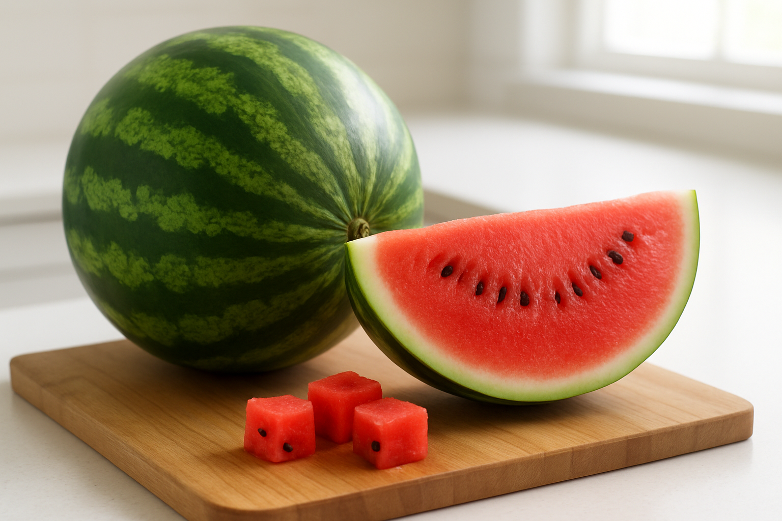 Create a realistic image of a fresh whole watermelon with its characteristic dark green skin and lighter green stripes sitting on a wooden cutting board, alongside a perfectly cut wedge revealing the bright red flesh with black seeds, and a few smaller cubes of watermelon showing the internal structure, set against a clean white kitchen counter background with soft natural lighting from a window, creating a bright and educational composition that showcases the watermelon's external appearance and internal characteristics, absolutely NO text should be in the scene.