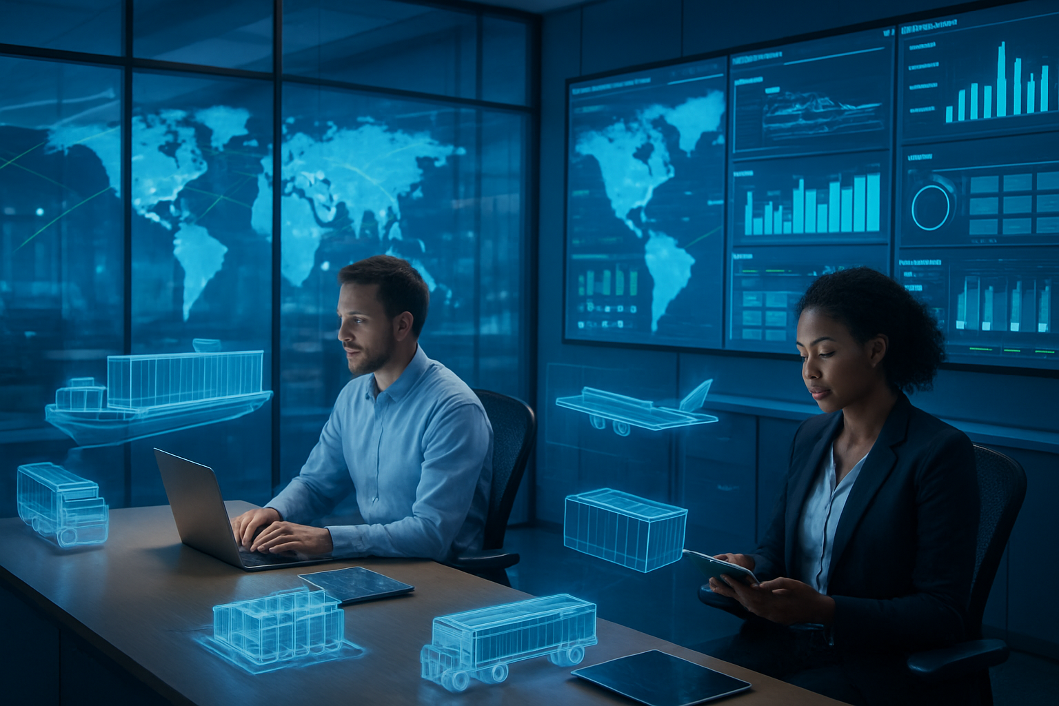 Create a realistic image of a modern freight forwarding control center with multiple large digital screens displaying global shipping routes, logistics data visualizations, and warehouse analytics dashboards, featuring a diverse team of professionals including a white male logistics coordinator and a black female data analyst working at sleek workstations with laptops and tablets, surrounded by holographic projections of cargo containers, shipping trucks, and airplanes, set against a high-tech office environment with glass walls, blue ambient lighting, and a world map backdrop showing interconnected shipping lanes, conveying innovation and efficiency in the freight industry, absolutely NO text should be in the scene.