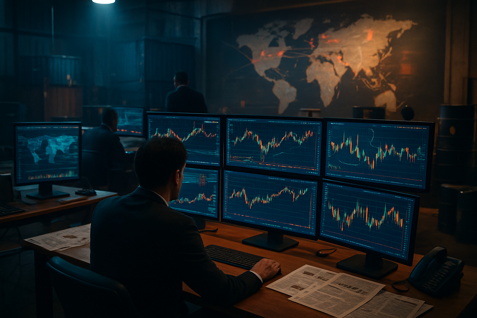 Create a realistic image of a dynamic financial trading floor scene with multiple computer monitors displaying colorful stock market charts, graphs, and world maps with interconnected trade route lines, oil barrels and cargo containers in the background, dramatic lighting with blue and amber tones suggesting urgency, financial documents and newspapers scattered on desks, a large world map on the wall showing global shipping routes with red warning indicators, the atmosphere conveying economic tension and market volatility, absolutely NO text should be in the scene.