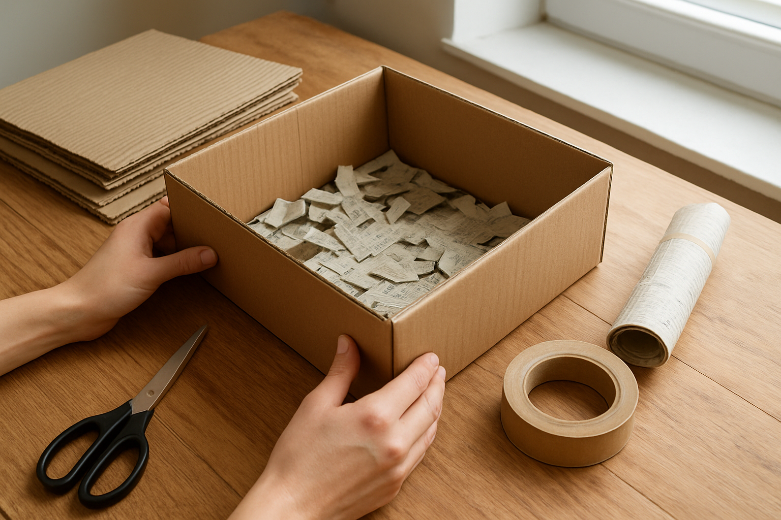 Create a realistic image of hands assembling a DIY cardboard litter box with eco-friendly materials scattered on a wooden table, including corrugated cardboard sheets, scissors, non-toxic tape, and recycled newspaper lining, with natural lighting from a nearby window creating a clean and sustainable crafting environment, absolutely NO text should be in the scene.