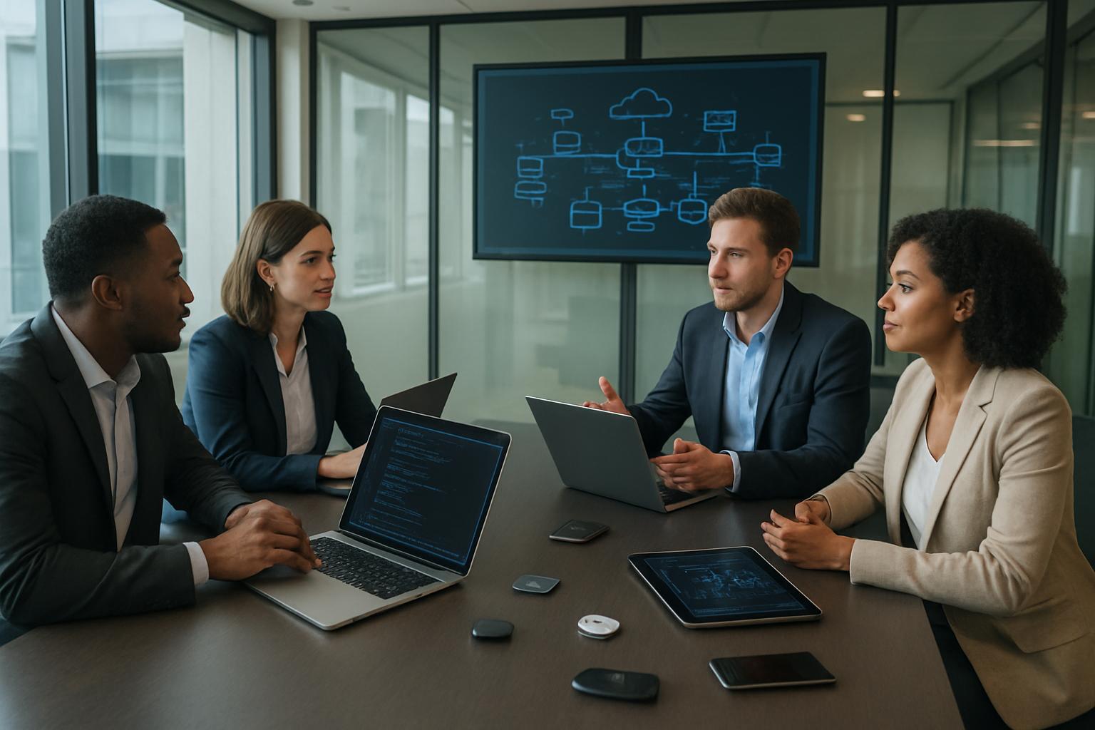 Create a realistic image of a modern conference room with diverse business professionals including white and black males and females gathered around a sleek table, laptops and tablets open showing code interfaces and AI diagrams, a large wall-mounted screen displaying network architecture diagrams with edge computing nodes, smartphones and IoT devices scattered on the table representing edge AI implementation, soft natural lighting from large windows, professional corporate atmosphere with a focus on collaboration and technology planning, contemporary office interior with glass walls and minimalist design. Absolutely NO text should be in the scene.
