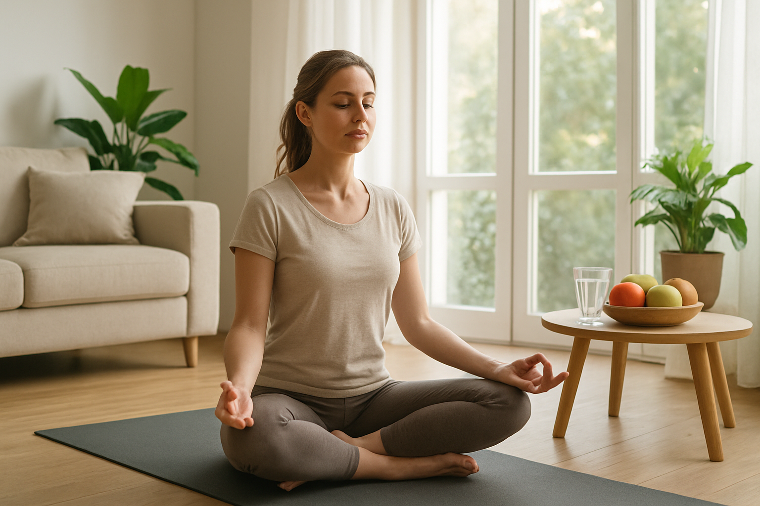 Create a realistic image of a peaceful home environment showing healthy lifestyle elements for anxiety management, featuring a white female in her 30s doing yoga on a mat in a bright, airy living room with plants, a glass of water, healthy fruits on a nearby table, natural sunlight streaming through large windows, soft neutral colors, and a calm, serene atmosphere that conveys wellness and tranquility. Absolutely NO text should be in the scene.