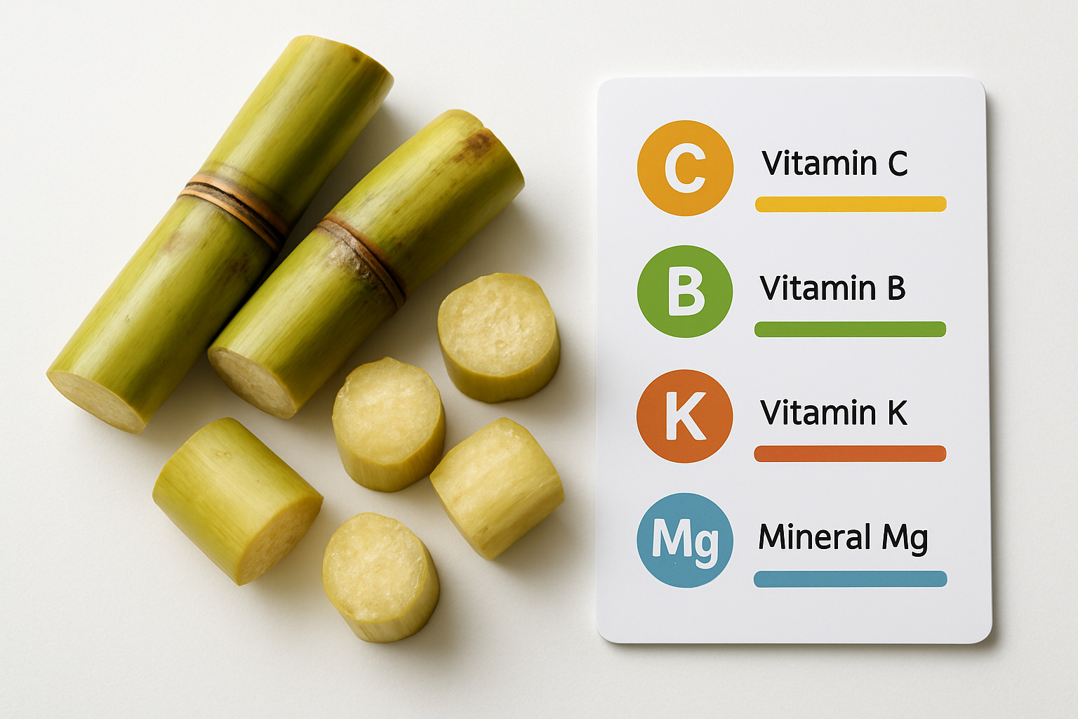 Create a realistic image of fresh raw sugar cane stalks cut into segments displaying their fibrous interior texture, arranged on a clean white surface alongside a nutrition facts chart or infographic showing vitamins and minerals, with some peeled sugar cane pieces revealing the white pulpy flesh, soft natural lighting highlighting the organic texture and nutritional information, clean modern background suggesting health and wellness. Absolutely NO text should be in the scene.