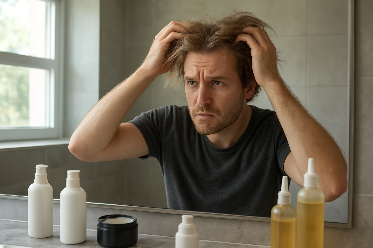 Create a realistic image of a white male with visibly damaged hair showing signs of breakage, dryness, and thinning from chemical straightening treatments, standing in a modern bathroom with natural lighting from a window, looking concerned while examining his hair in a large mirror, with hair care products and chemical treatment bottles scattered on the marble countertop, creating a cautionary atmosphere about the consequences of hair straightening procedures, absolutely NO text should be in the scene.