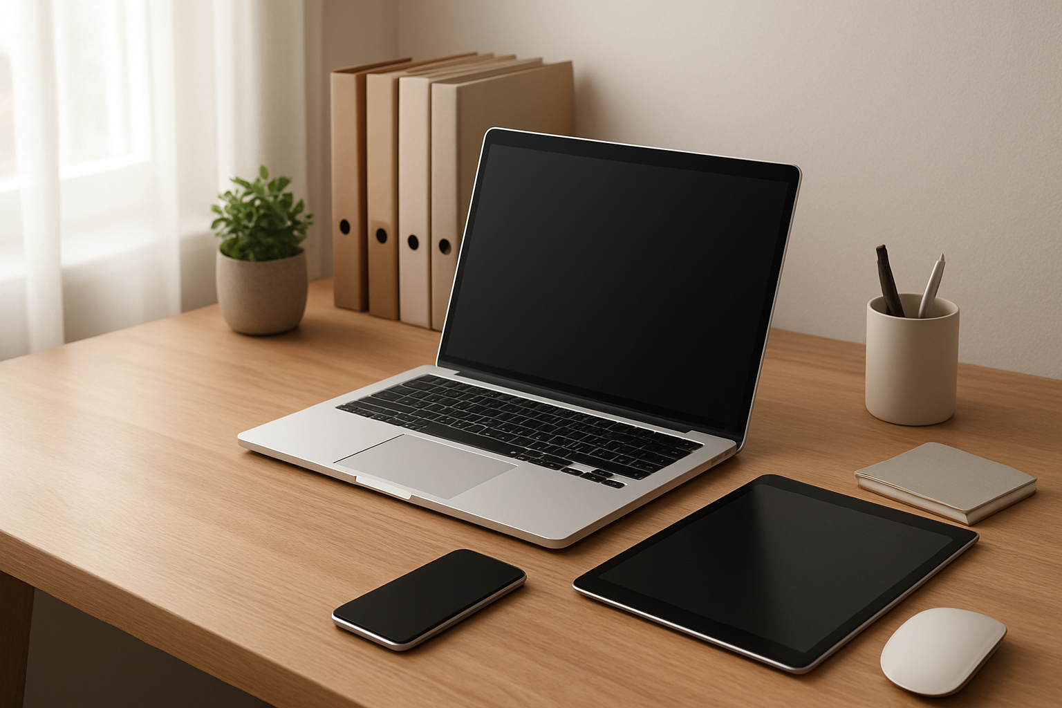 Create a realistic image of a clean, organized workspace featuring multiple devices - a sleek laptop, tablet, and smartphone arranged neatly on a modern wooden desk, with organized file folders, a small potted plant, and minimalist desk accessories in the background, soft natural lighting streaming through a window creating a calm and productive atmosphere, showcasing the concept of digital organization and efficiency, absolutely NO text should be in the scene.