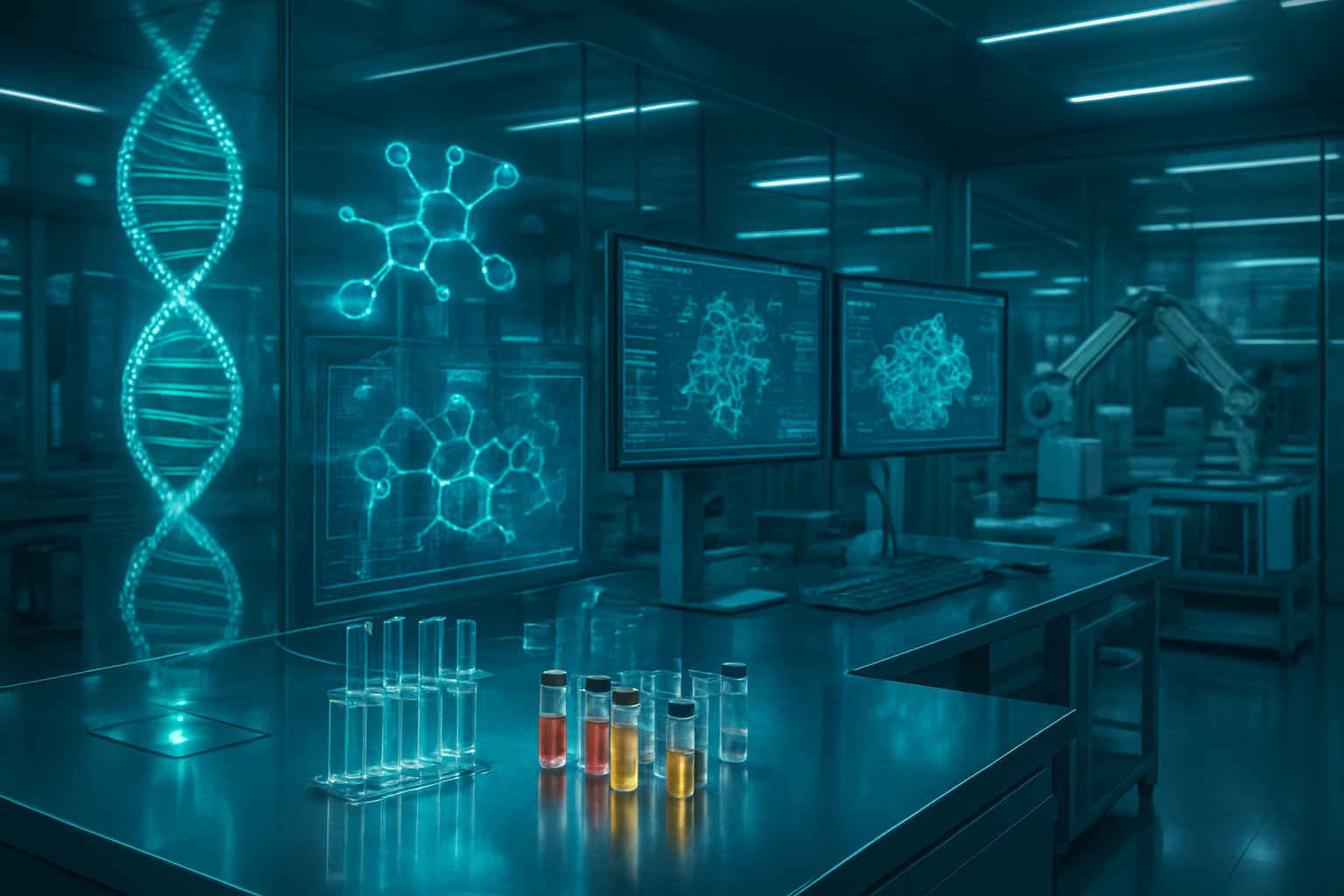 Create a realistic image of a futuristic laboratory setting with holographic DNA helixes and molecular structures floating in the air, advanced AI computer interfaces displaying vaccine development data and molecular models, robotic laboratory equipment and automated manufacturing systems in the background, sleek metallic surfaces with blue and green ambient lighting creating a high-tech atmosphere, test tubes and vials containing colorful vaccine samples arranged on modern laboratory benches, digital screens showing complex algorithms and protein structures, a clean sterile environment with glass walls and contemporary scientific equipment, conveying innovation and breakthrough technology in medical research, absolutely NO text should be in the scene.