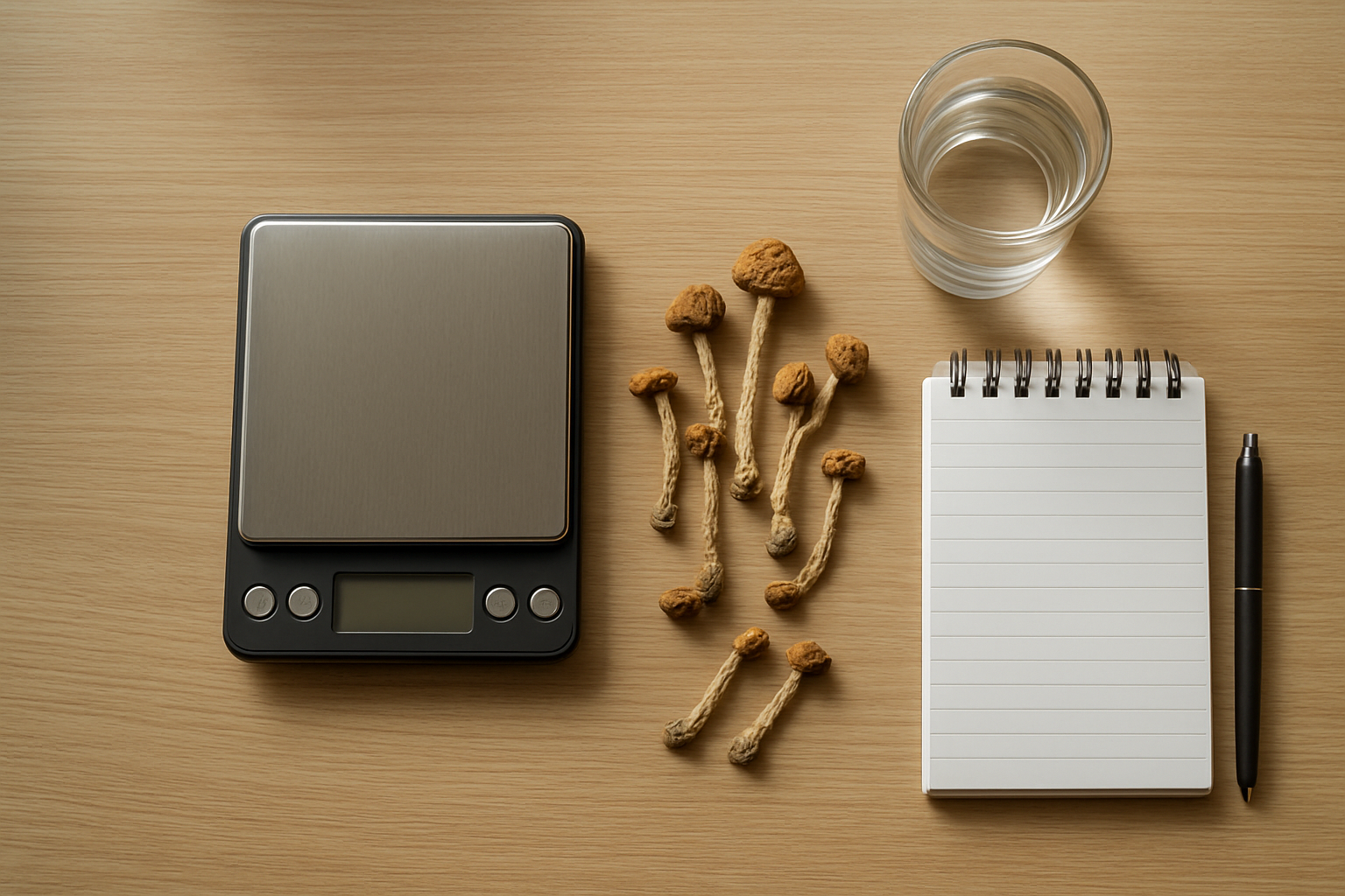 Create A Realistic Image Of A Clean, Modern Wooden Table Surface With A Precise Digital Scale In The Center, Small Amounts Of Dried Psilocybin Mushrooms Carefully Arranged Beside It, A Notepad With A Pen For Recording Measurements, And A Glass Of Water Nearby, Shot From Above With Soft Natural Lighting Coming Through A Window, Creating A Calm And Methodical Atmosphere That Suggests Careful Preparation And Measurement, Absolutely No Text Should Be In The Scene.
