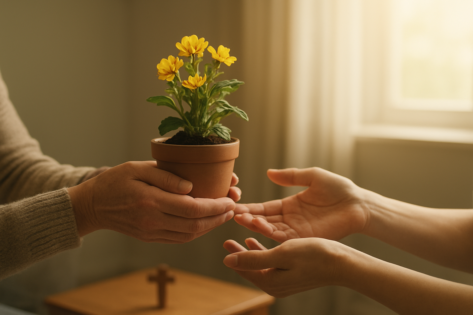 Create a realistic image of caring hands gently offering a small potted plant or flowers to another person, symbolizing service and giving, with soft natural lighting filtering through a window, warm and peaceful atmosphere, focus on the gentle gesture of giving and receiving, simple home interior background with subtle Christian symbols like a small cross on a side table, conveying love, compassion and service to others, absolutely NO text should be in the scene.