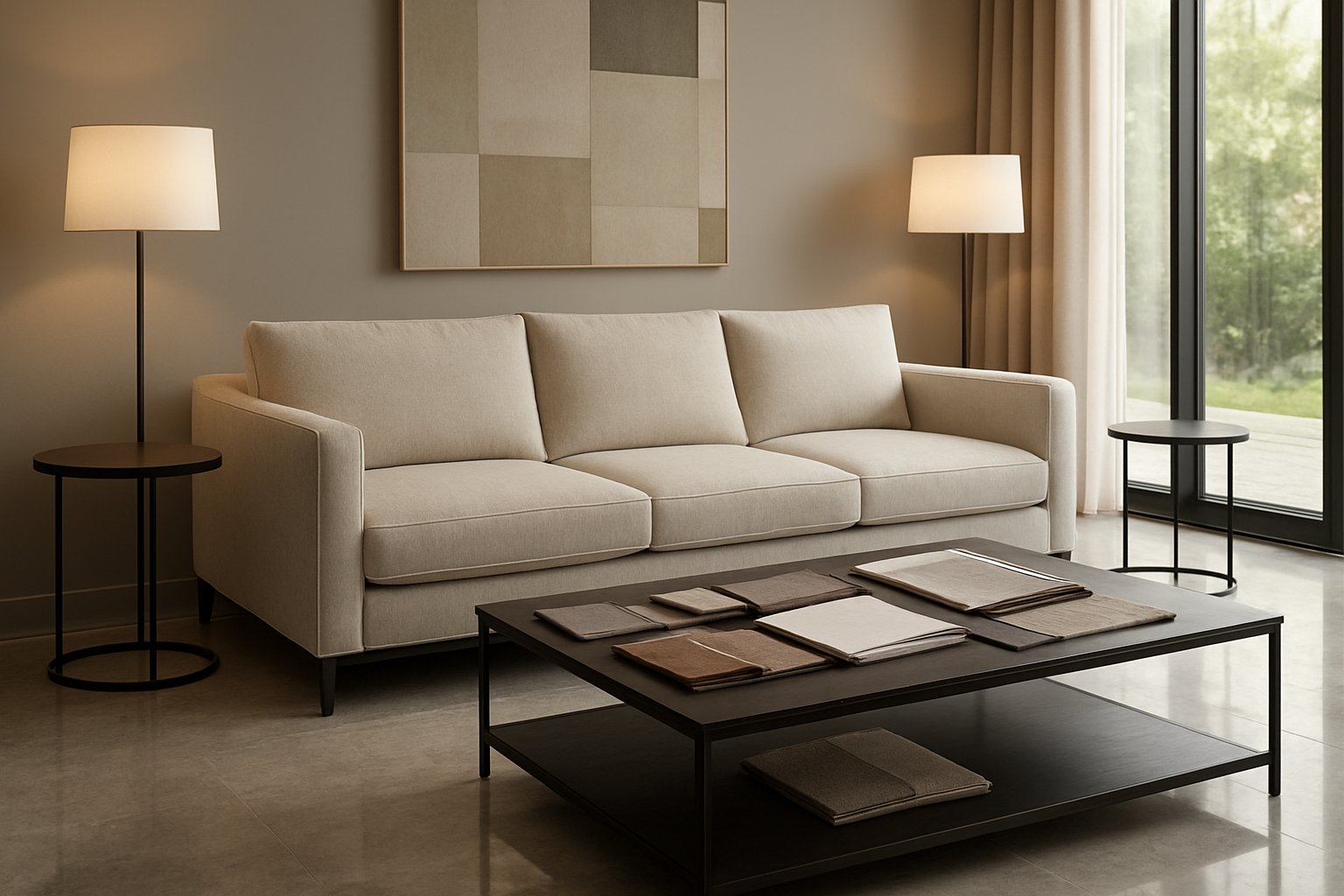 Create a realistic image of a luxurious modern living room showcasing a elegant custom-made contemporary sofa as the centerpiece, featuring clean lines and premium upholstery in neutral tones, surrounded by complementary modern furniture including a sleek coffee table and minimalist side tables, with soft ambient lighting from floor lamps and natural light streaming through large windows, displaying various fabric swatches and material samples artfully arranged on the coffee table, set against a sophisticated interior with polished floors and contemporary wall decor, conveying a sense of completion and satisfaction with the custom furniture process, warm and inviting atmosphere with professional interior design aesthetic, absolutely NO text should be in the scene.