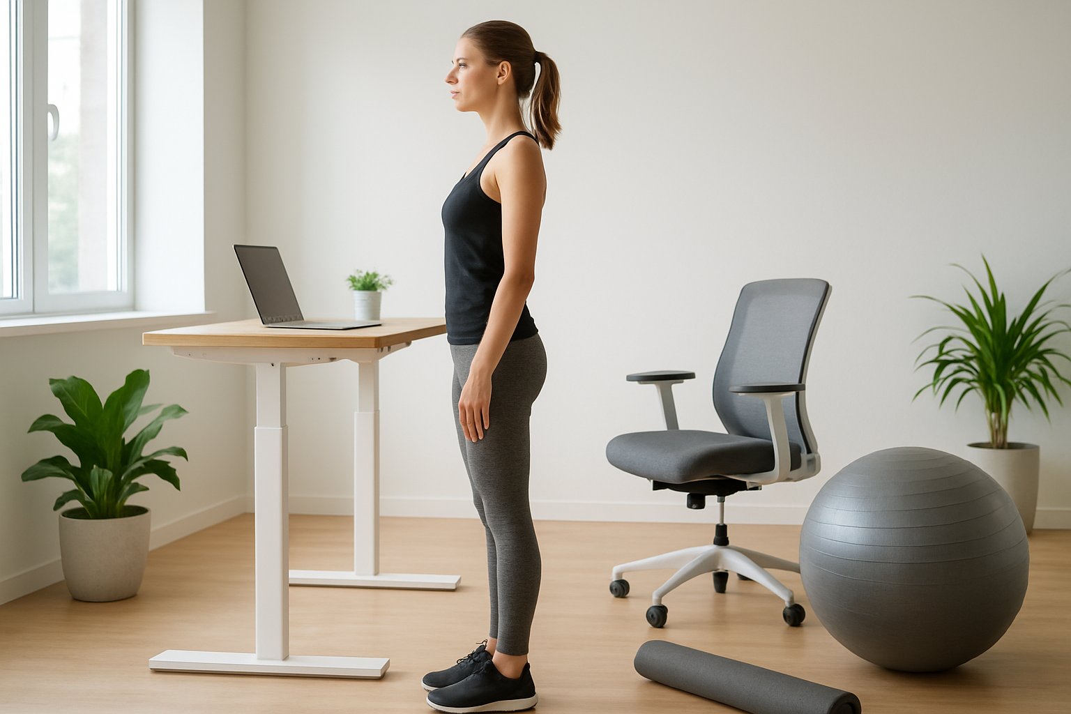 Create a realistic image of a white female in athletic wear standing in a bright, modern home office space, demonstrating proper standing posture with shoulders back and spine aligned, surrounded by ergonomic workspace elements including an adjustable standing desk, ergonomic chair, and exercise ball, with a yoga mat rolled up nearby, natural lighting streaming through a window, clean minimalist background with plants, conveying a sense of wellness and daily routine planning, absolutely NO text should be in the scene.