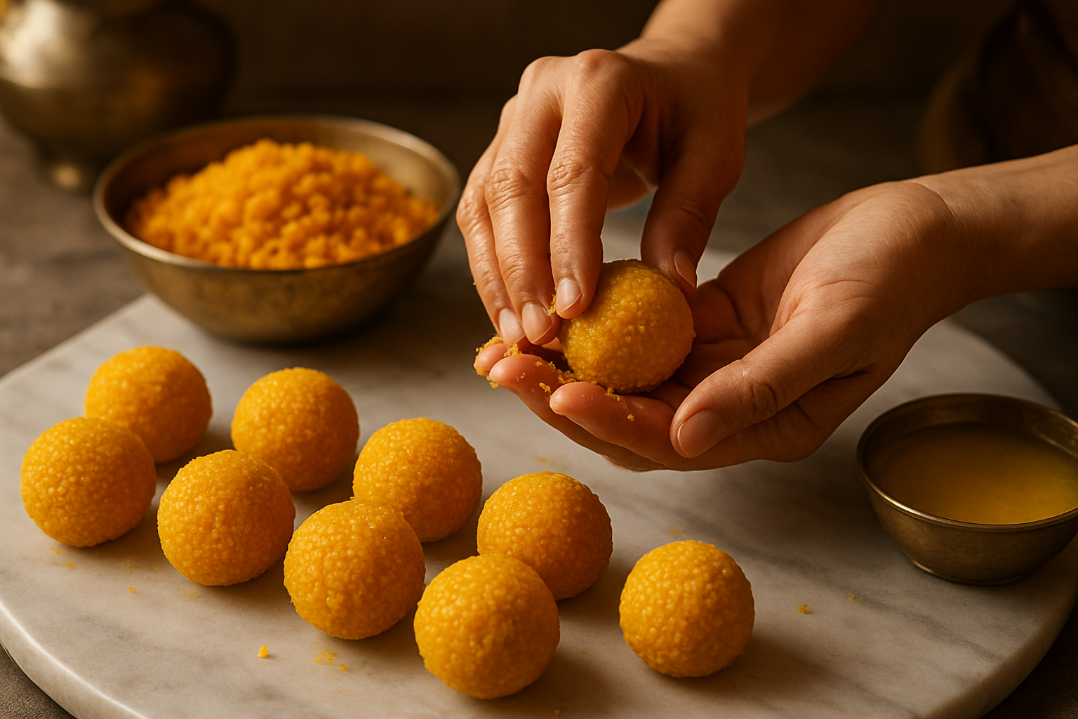 Create a realistic image of hands skillfully shaping golden-yellow motichoor laddu balls on a clean marble surface, with several perfectly round finished laddus arranged nearby, small bowls containing loose motichoor pearls and ghee visible in the background, warm kitchen lighting creating soft shadows, traditional Indian sweet-making setting with brass utensils partially visible at the edges, focusing on the delicate hand movements and the textural details of the granular motichoor mixture being compressed into spherical shapes, absolutely NO text should be in the scene.