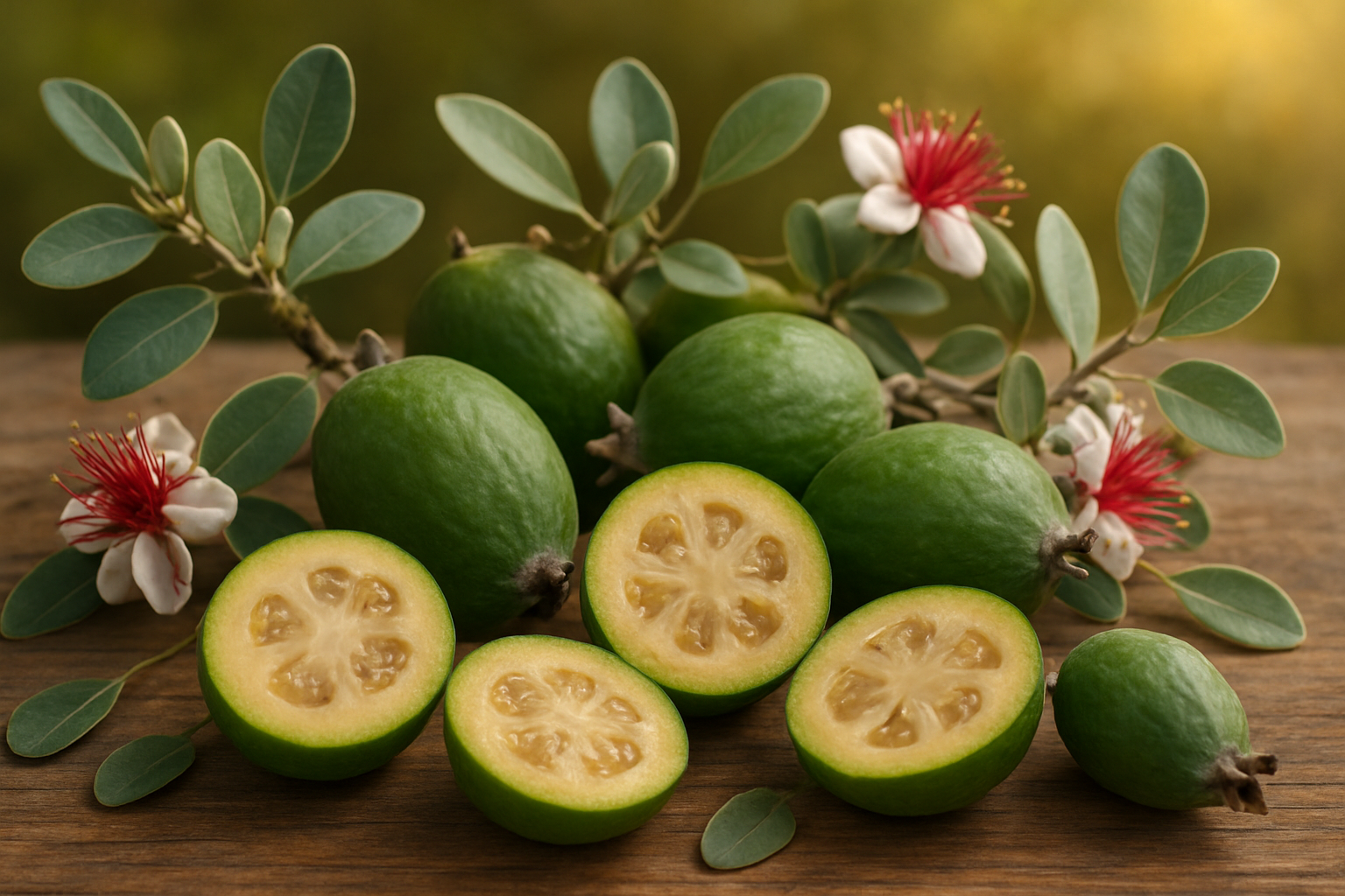 Create a realistic image of fresh feijoa fruits (pineapple guava) arranged on a rustic wooden surface with some cut open to reveal their distinctive jelly-like interior and seeds, accompanied by feijoa tree branches with silvery-green oval leaves and small white flowers with prominent red stamens, set against a soft natural background with warm golden lighting that highlights the fruits' green skin and creamy flesh, creating an educational and inviting mood that showcases the fruit's unique characteristics and natural origin, absolutely NO text should be in the scene.