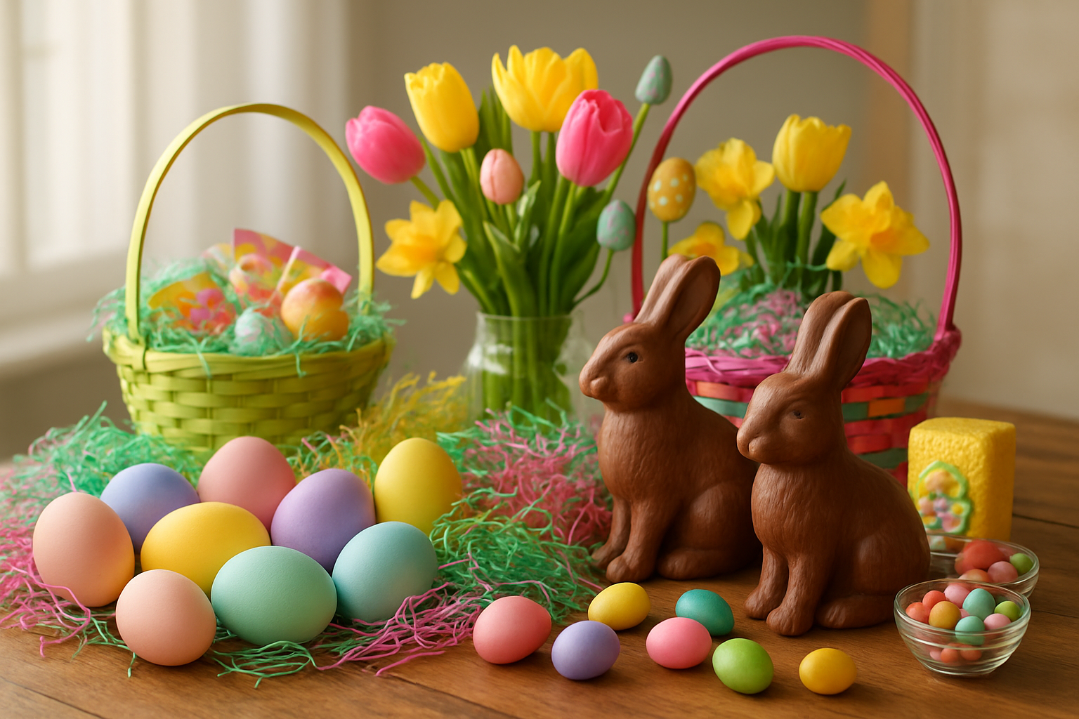 Create a realistic image of a vibrant Easter display showing the evolution of Easter symbols from traditional to modern, featuring classic painted Easter eggs in pastel colors alongside contemporary chocolate bunnies, colorful plastic Easter grass, modern Easter baskets with synthetic materials, fresh spring flowers like tulips and daffodils mixed with artificial decorative elements, Easter candies in bright packaging, and decorative items arranged on a wooden table surface with soft natural lighting from a window, creating a warm and festive atmosphere that demonstrates the blend of old and new Easter traditions, Absolutely NO text should be in the scene.