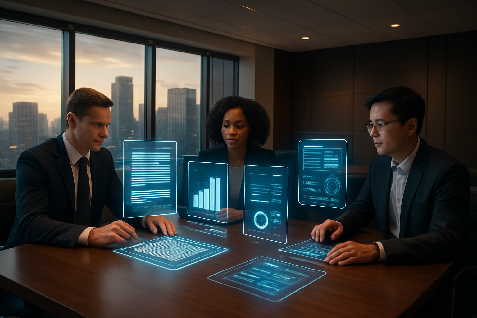 Create a realistic image of a modern law office conference room with a large wooden table where a diverse group of legal professionals including a white male lawyer in a dark suit, a black female attorney in professional attire, and an Asian male compliance officer are collaborating around holographic AI interfaces displaying legal documents, contract analysis charts, and compliance dashboards floating above the table, with floor-to-ceiling windows showing a city skyline in the background, warm professional lighting creating a forward-thinking atmosphere that conveys innovation and transformation in the legal industry, sleek modern furniture and technology seamlessly integrated into the traditional legal setting, absolutely NO text should be in the scene.
