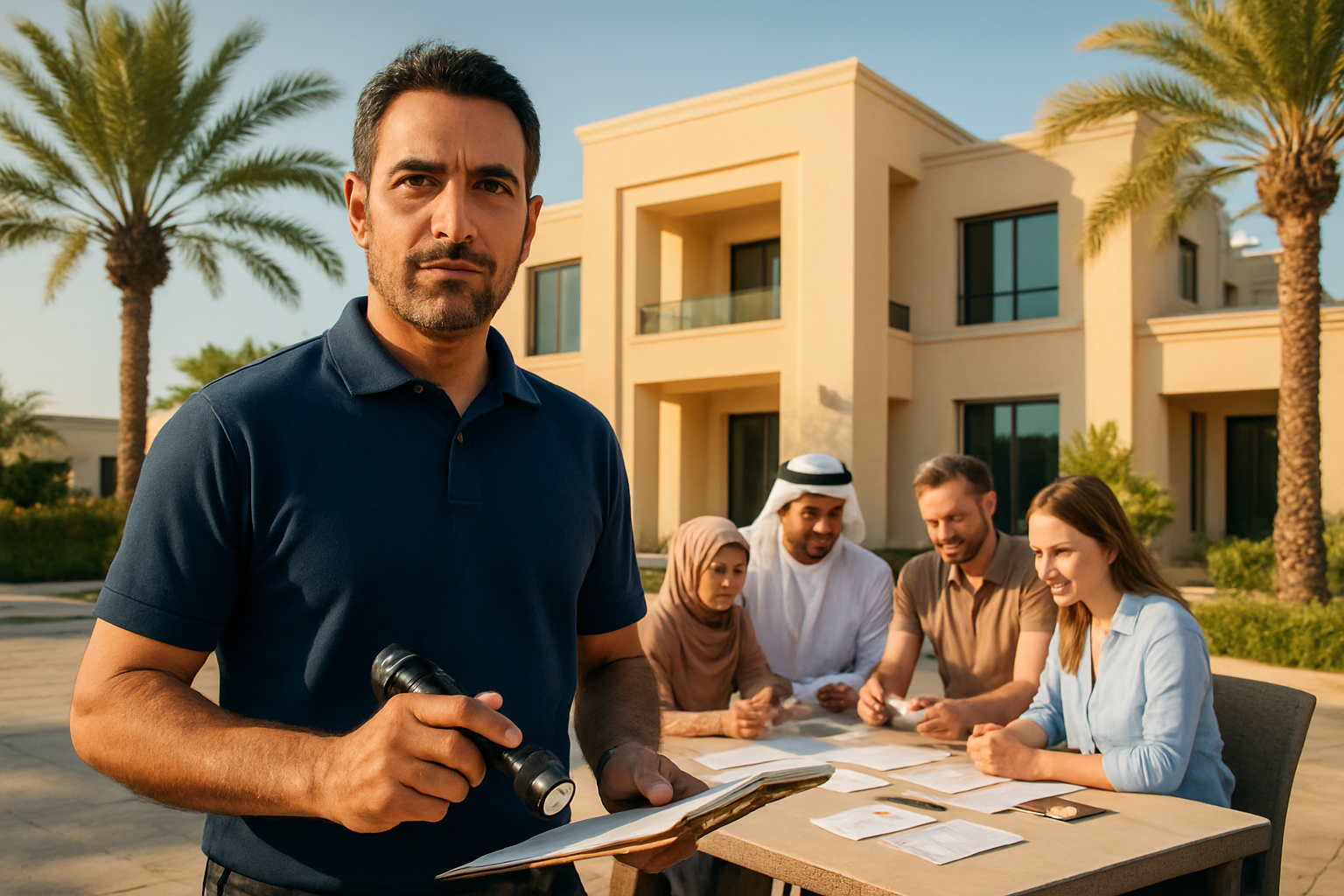 Create a realistic image of a Middle Eastern male home inspector in his 40s wearing a professional polo shirt and carrying a clipboard and flashlight, standing in front of a modern UAE villa with palm trees, while a diverse group of potential clients (an Arab family and a white couple) are reviewing inspection documents and business cards from different inspection companies spread on a outdoor table, warm desert lighting with clear blue sky in the background, professional consultation atmosphere, absolutely NO text should be in the scene.