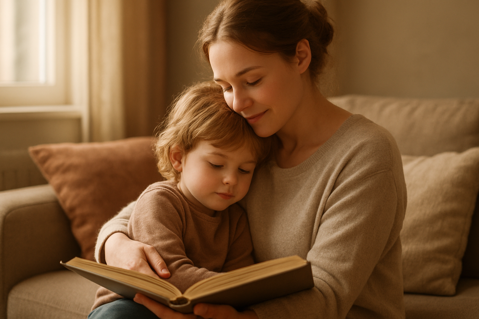 Create a realistic image of a tender moment between a white female mother and her young child, with the mother gently embracing or reading to the child in a warm, cozy living room setting with soft natural lighting streaming through a window, featuring comfortable furniture like a couch or armchair, warm earth tones and pastels creating an intimate atmosphere that captures the precious, heartwarming bond between mother and child, absolutely NO text should be in the scene.