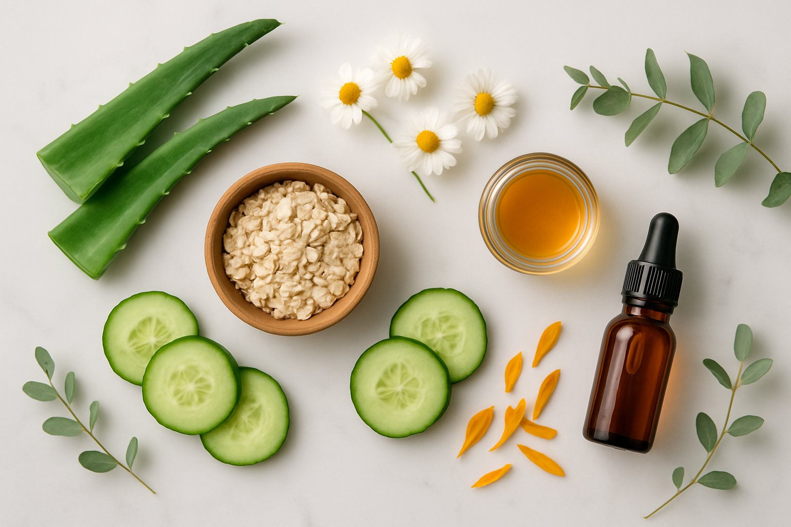 Create a realistic image of an elegant flat lay arrangement featuring natural skincare ingredients including fresh aloe vera leaves, chamomile flowers, oatmeal in a wooden bowl, cucumber slices, honey in a glass jar, rosehip oil in a small amber bottle, and calendula petals scattered on a clean white marble surface with soft natural lighting from above creating gentle shadows, surrounded by subtle green botanical elements like eucalyptus sprigs, conveying a serene and gentle mood perfect for sensitive skin care, absolutely NO text should be in the scene.