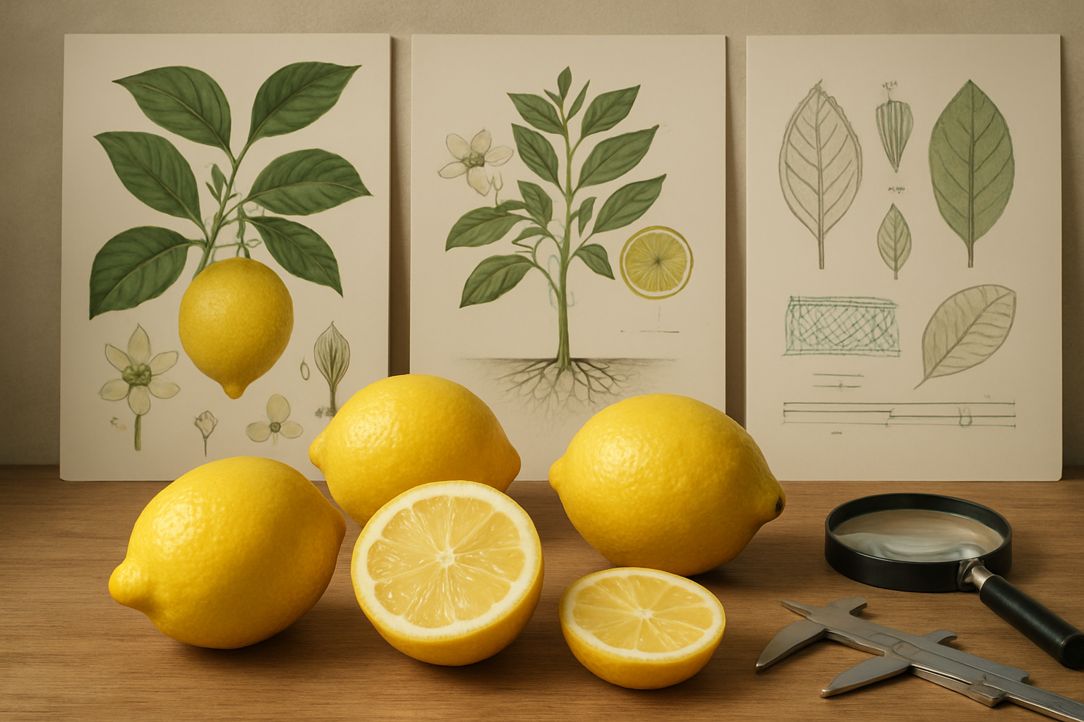 Create a realistic image of fresh yellow lemons arranged on a wooden surface with detailed botanical illustration charts showing lemon tree anatomy, leaf structures, flower diagrams, and scientific classification hierarchy in the background, soft natural lighting illuminating the vibrant citrus fruits and educational botanical materials, clean academic atmosphere with magnifying glass and measuring tools nearby, absolutely NO text should be in the scene.